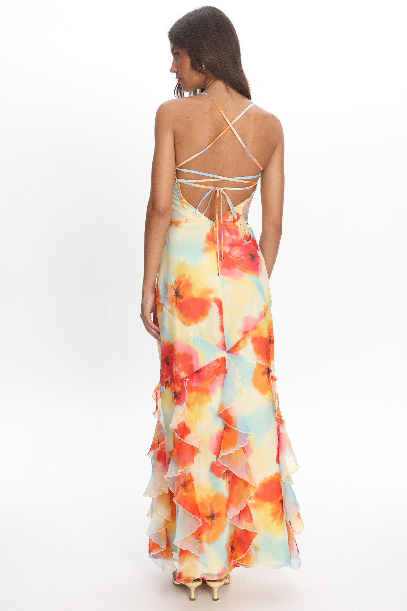 Charlisa Strappy Back Ruffle Maxi Dress Flowers Orange