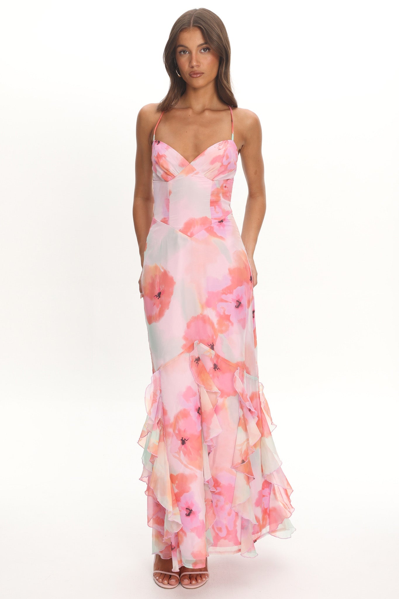 itsmilla coral spaghetti strap pleated maxi dress garden of eden Airy tulle maxi dress in Barbie pink