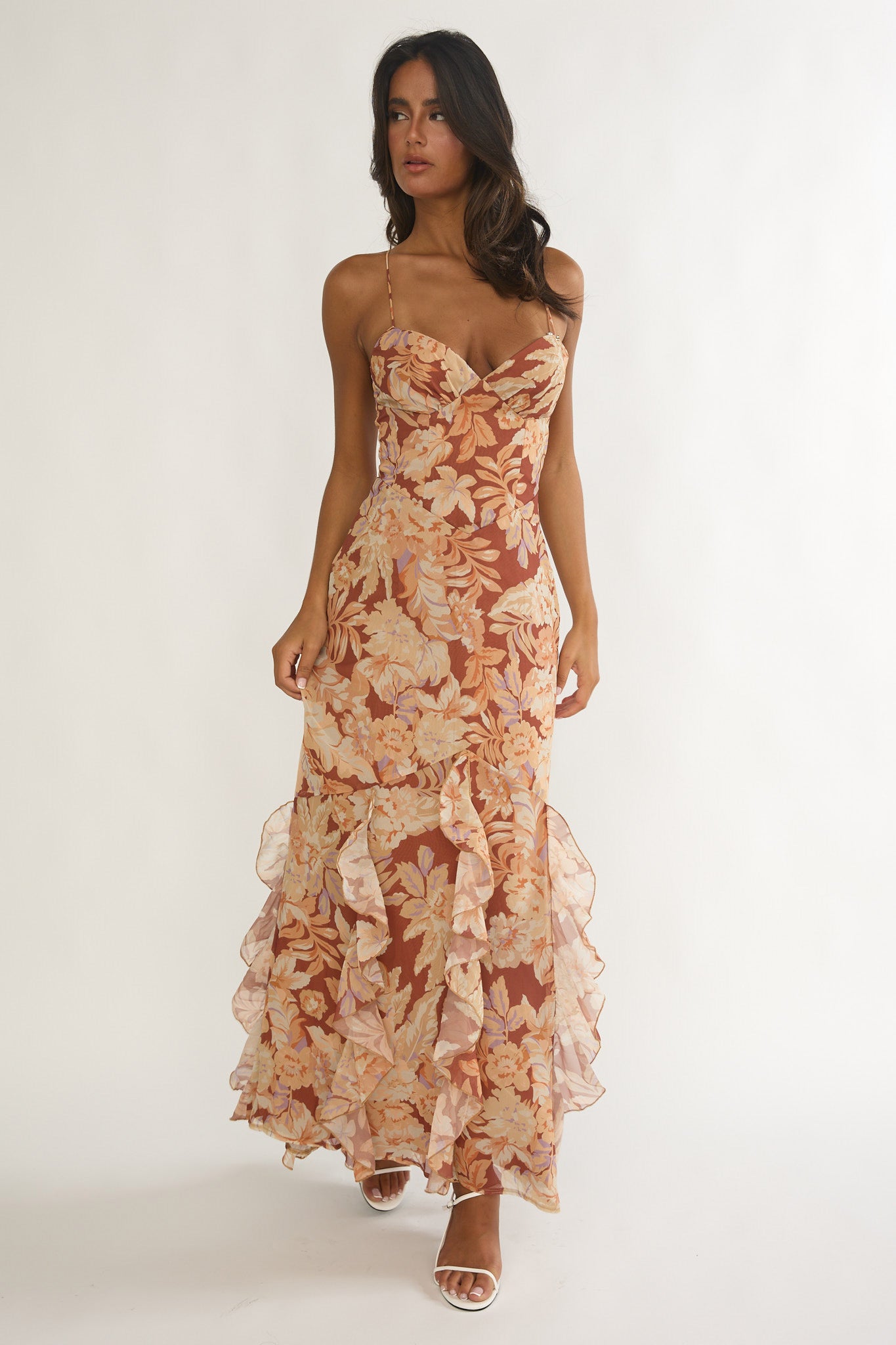 Charlisa Strappy Back Ruffle Maxi Dress Floral Yellow by Selfie Leslie