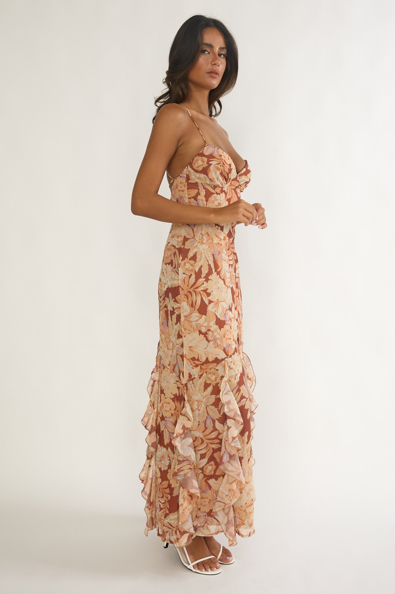 Charlisa Strappy Back Ruffle Maxi Dress Floral Yellow by Selfie Leslie