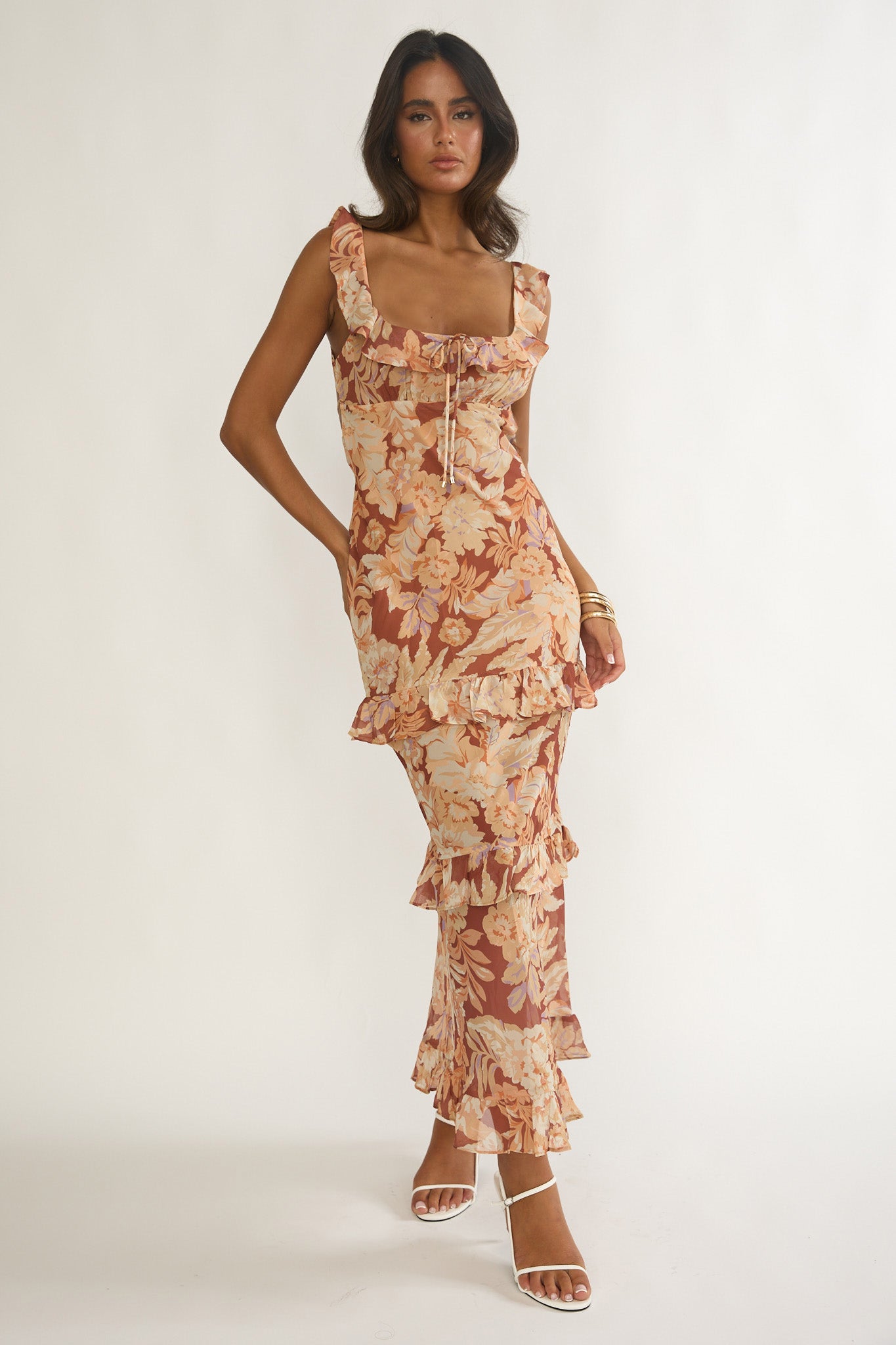 Dorise Tied Back Ruffle Maxi Dress Floral Yellow by Selfie Leslie
