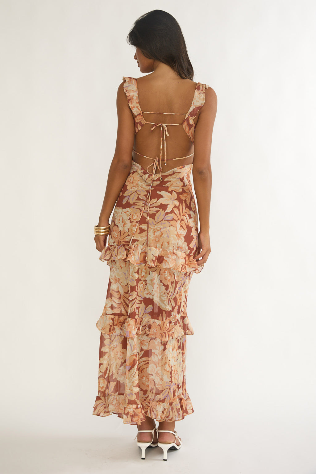 Dorise Tied Back Ruffle Maxi Dress Floral Yellow by Selfie Leslie