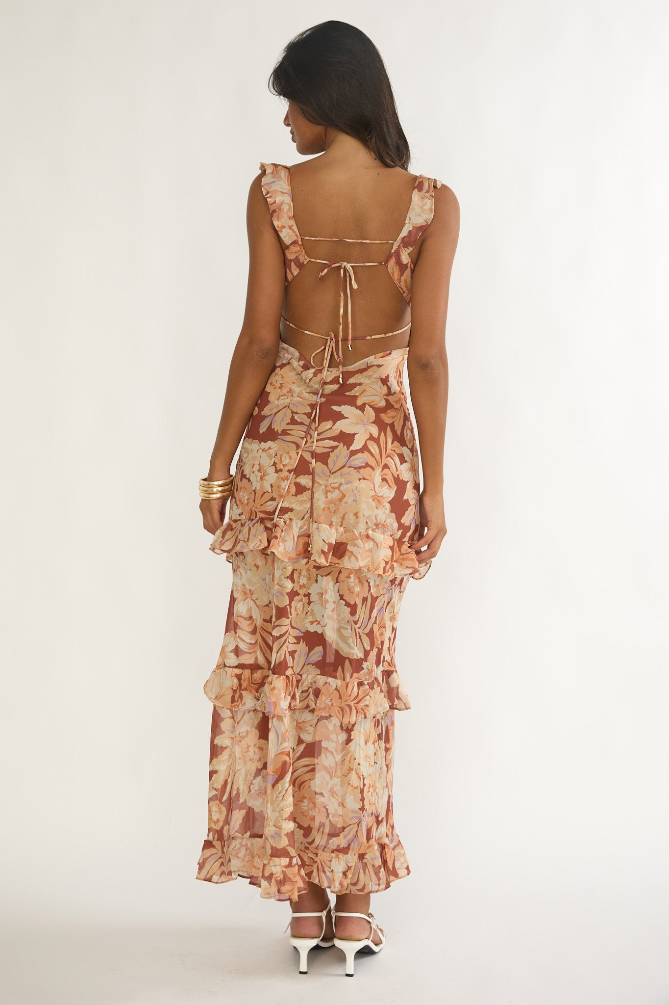 Dorise Tied Back Ruffle Maxi Dress Floral Yellow by Selfie Leslie
