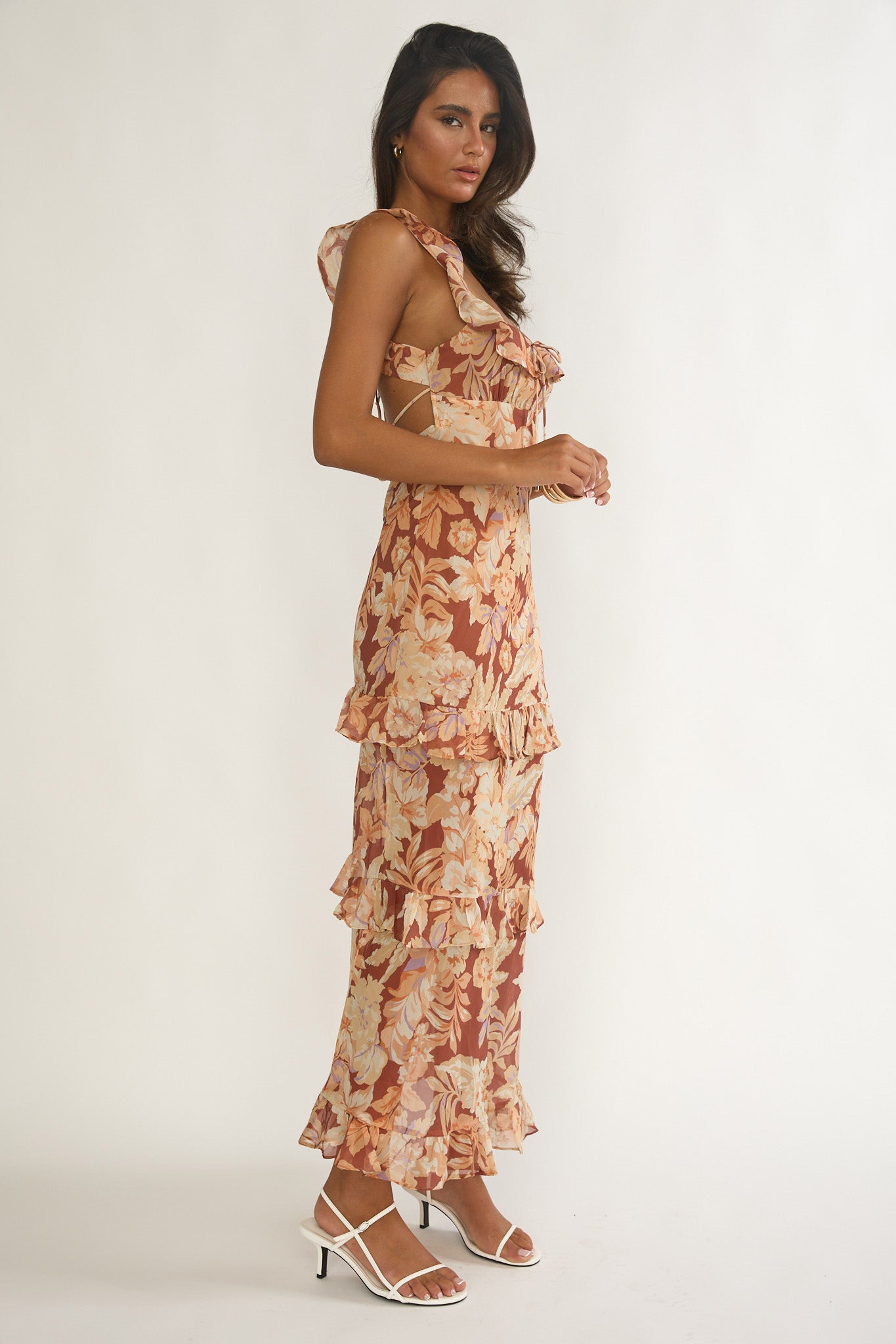 Dorise Tied Back Ruffle Maxi Dress Floral Yellow by Selfie Leslie