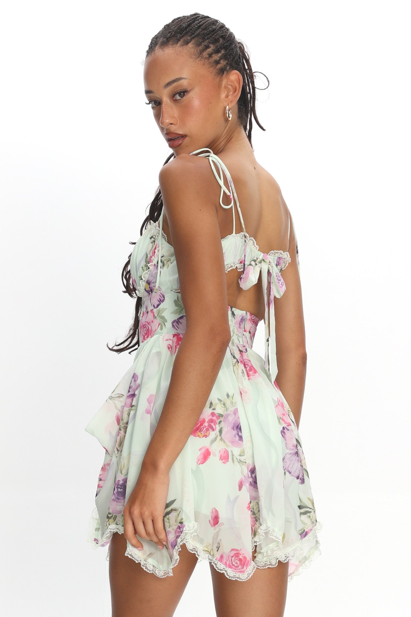 Gisora Tied Back Lace Trim Romper Floral Mint– Selfie Leslie