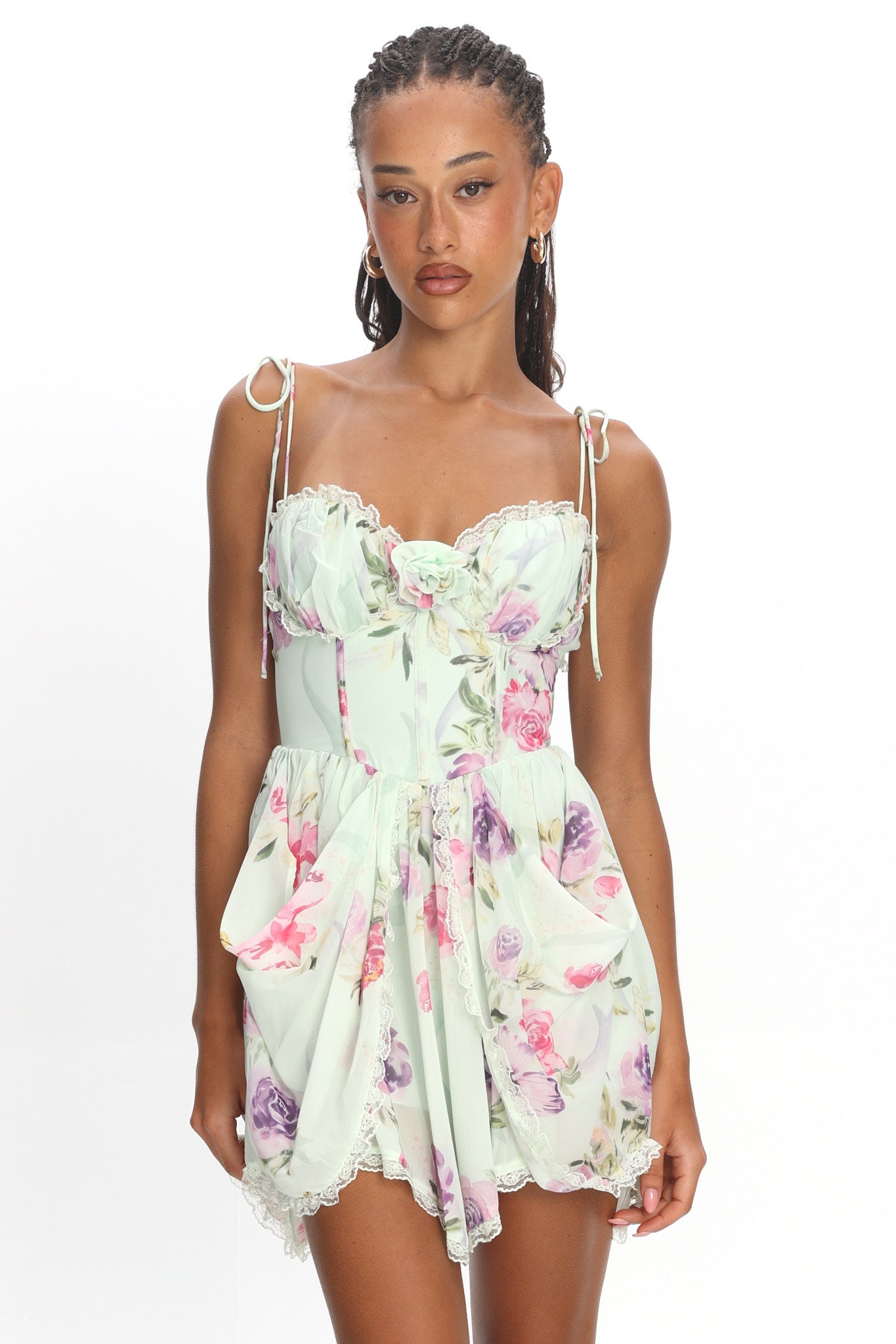 Gisora Tied Back Lace Trim Romper Floral Mint– Selfie Leslie