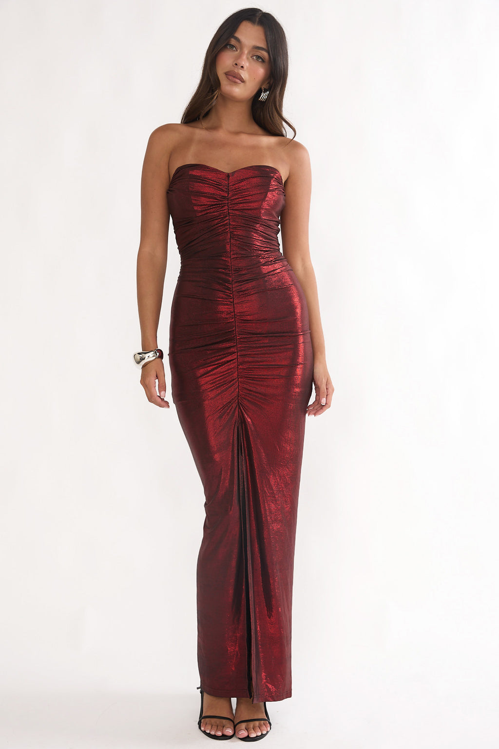 Nerina Strapless Ruched Maxi Dress Red by Selfie Leslie
