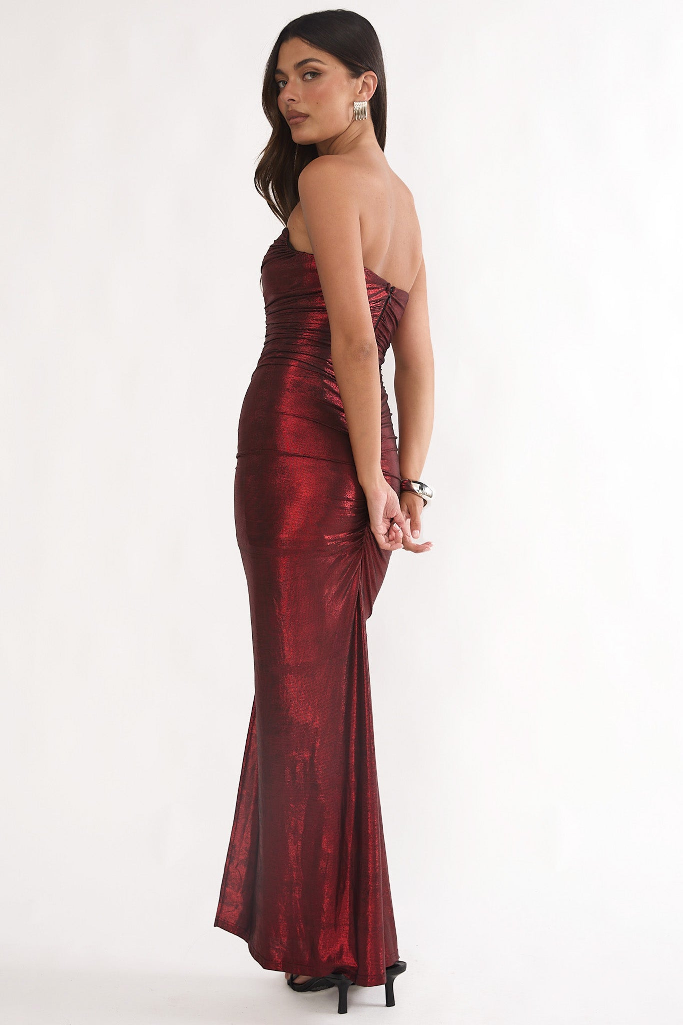 Nerina Strapless Ruched Maxi Dress Red by Selfie Leslie