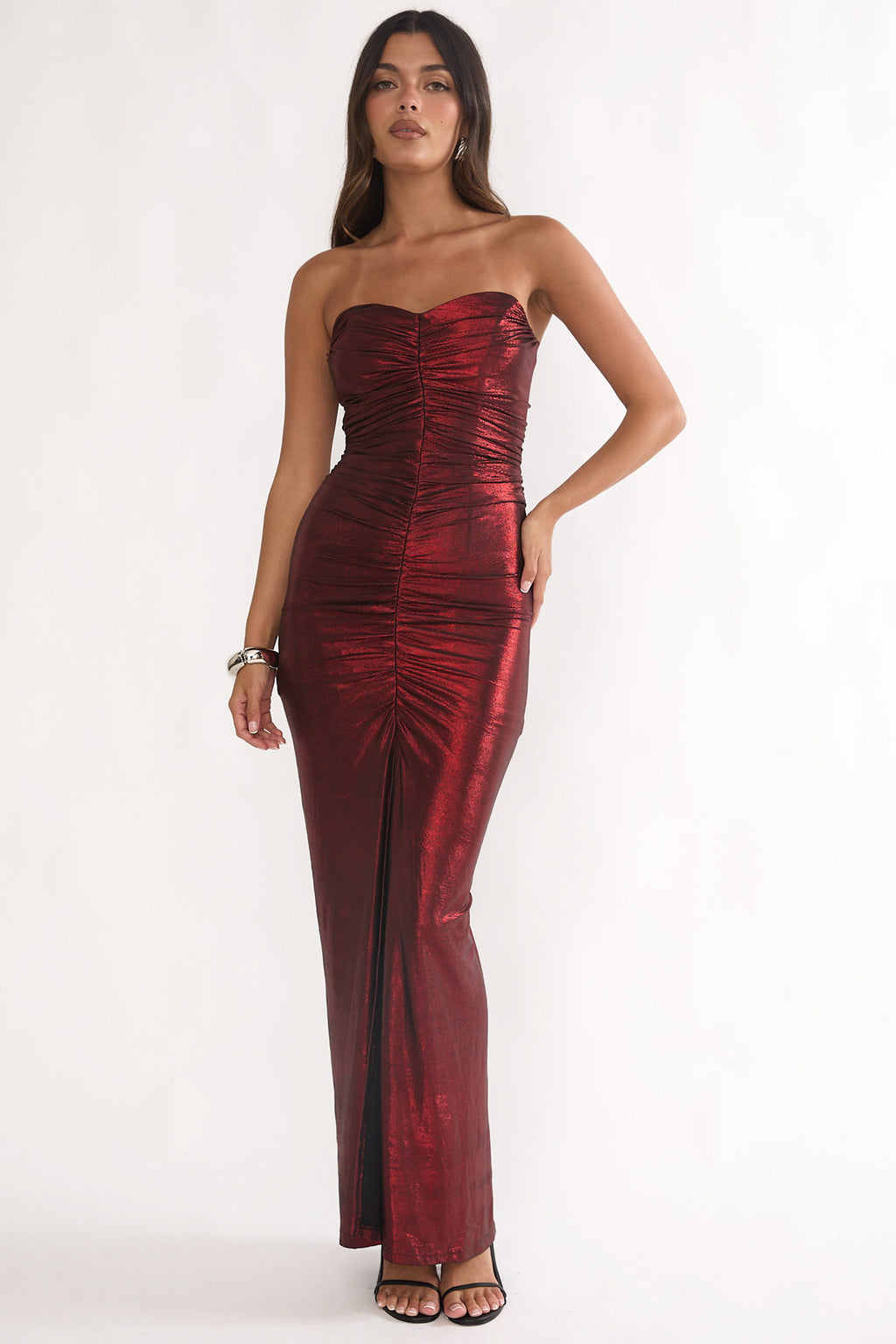 Nerina Strapless Ruched Maxi Dress Red by Selfie Leslie