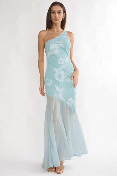 Mireya One-Shoulder Sheer Hem Maxi Dress Aqua– Selfie Leslie