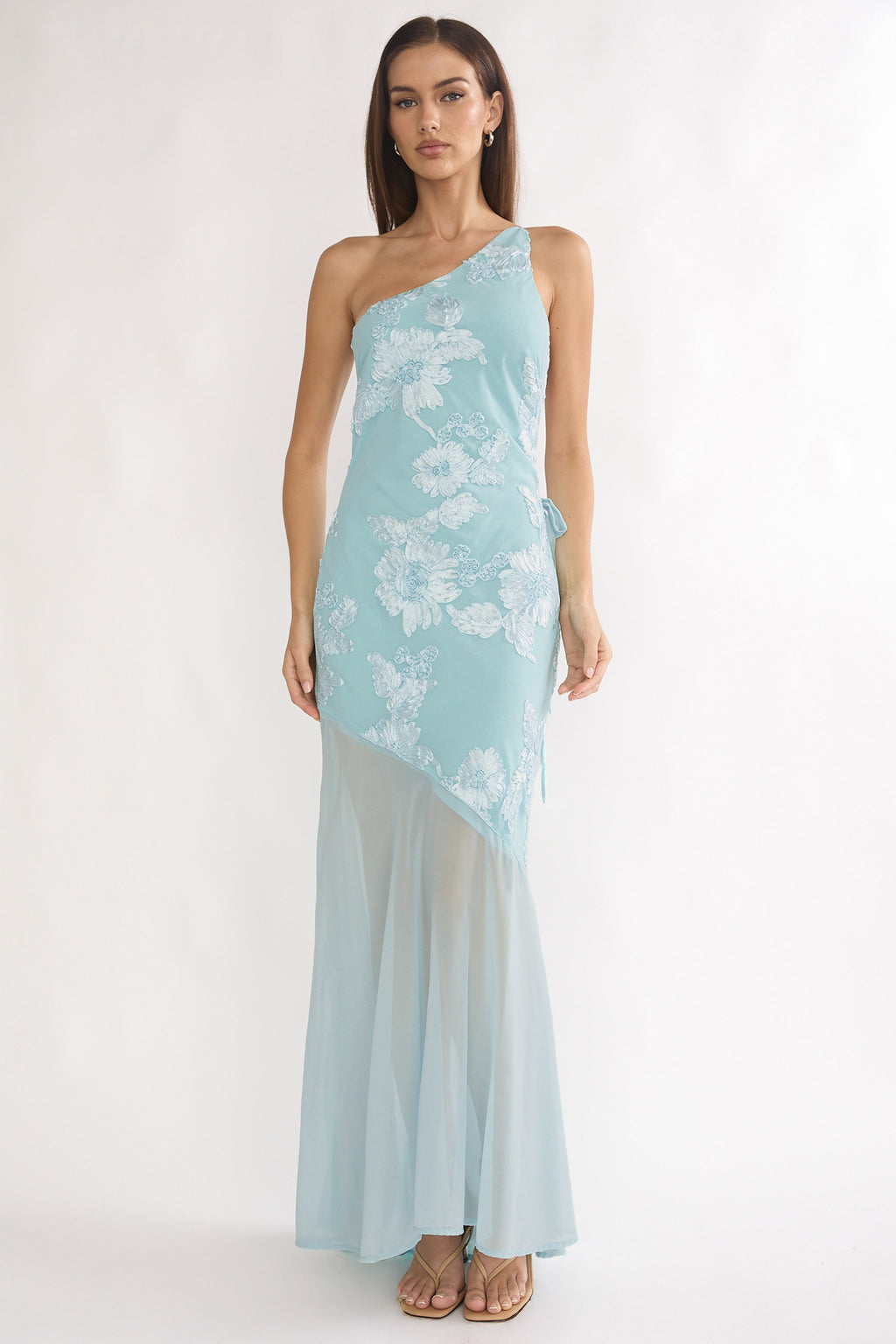 off the shoulder sheer maxi dress if by sea Mireya One-Shoulder Sheer Hem Maxi Dress Aqua