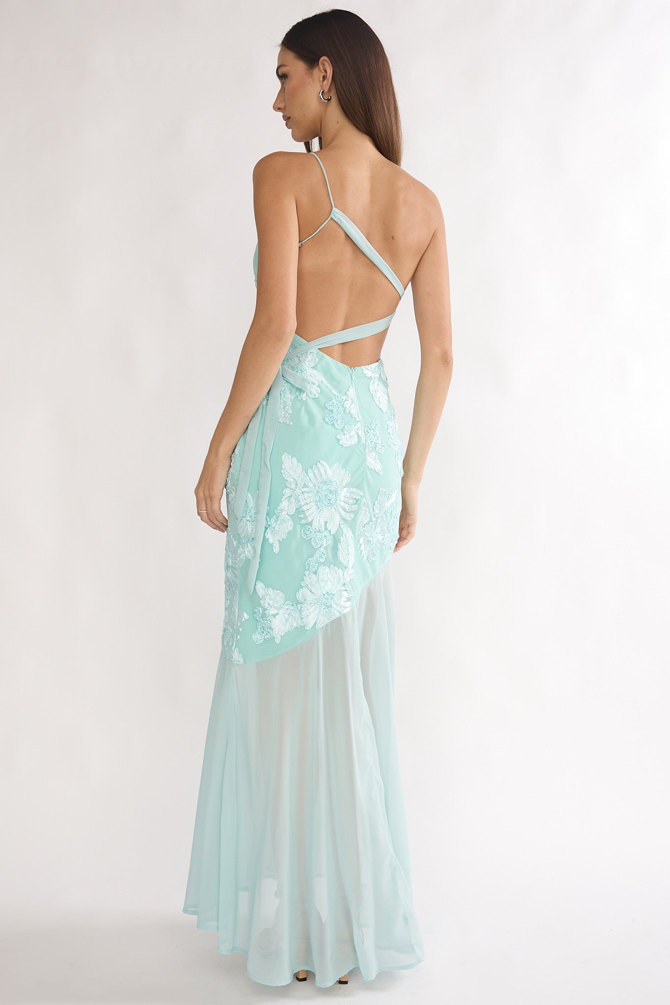 Mireya One-Shoulder Sheer Hem Maxi Dress Aqua– Selfie Leslie