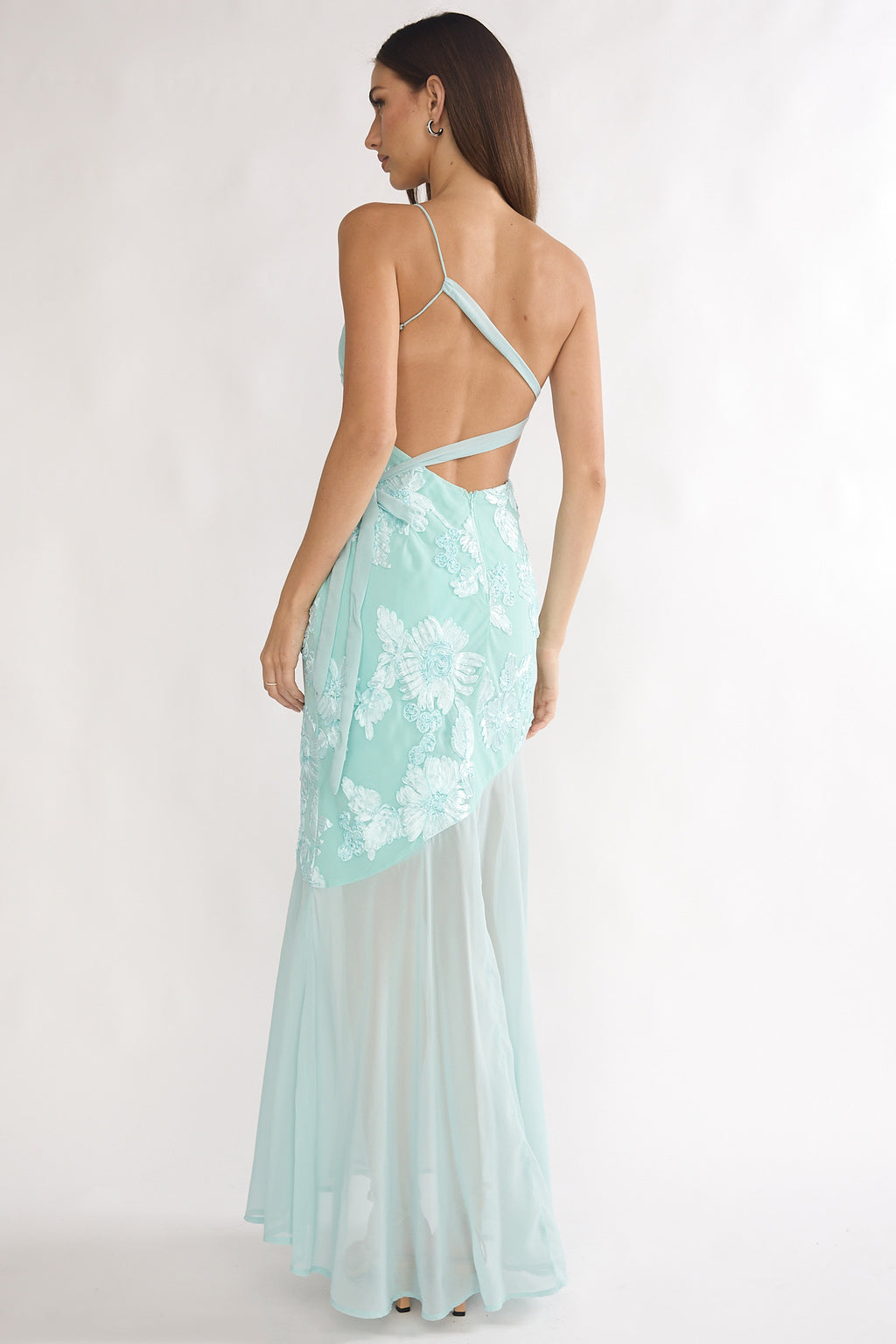 Mireya One-Shoulder Sheer Hem Maxi Dress Aqua by Selfie Leslie