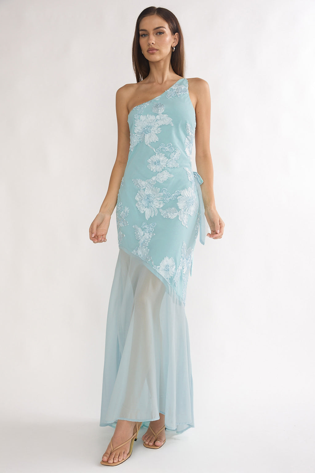 off the shoulder sheer maxi dress if by sea Mireya One-Shoulder Sheer Hem Maxi Dress Aqua