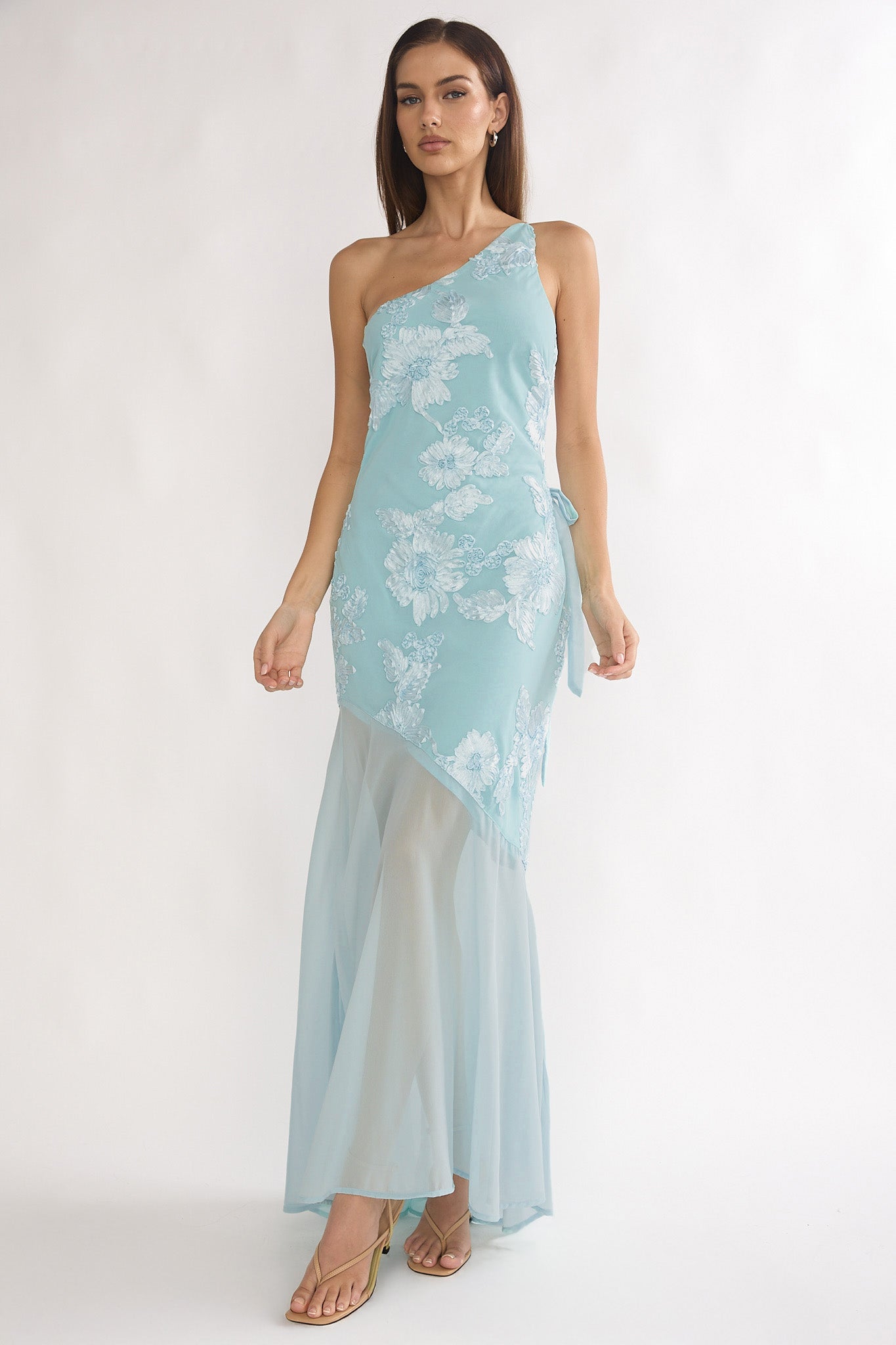 one shoulder sheer bridesmaid dress Mireya One-Shoulder Sheer Hem Maxi Dress Aqua
