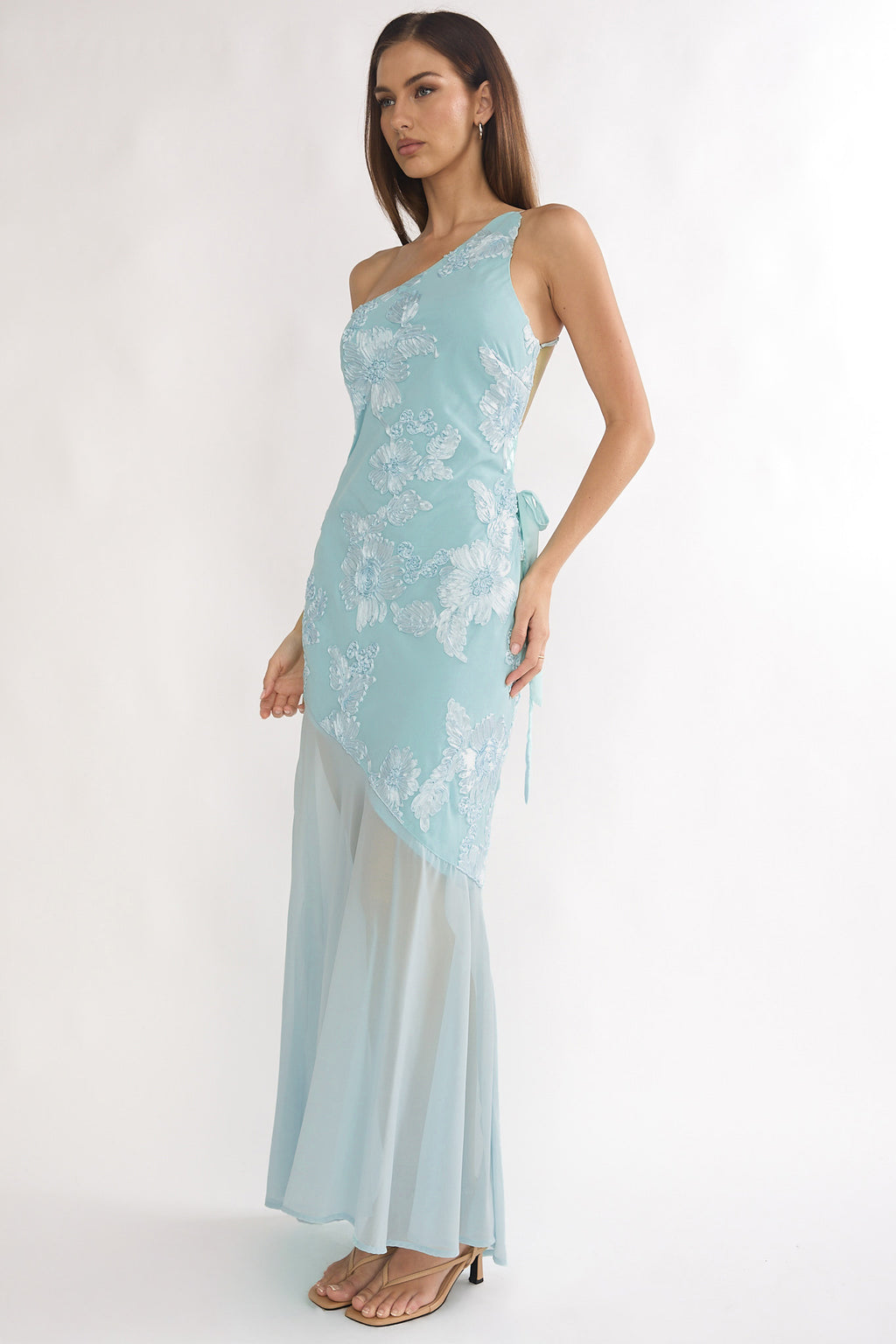 Mireya One-Shoulder Sheer Hem Maxi Dress Aqua by Selfie Leslie