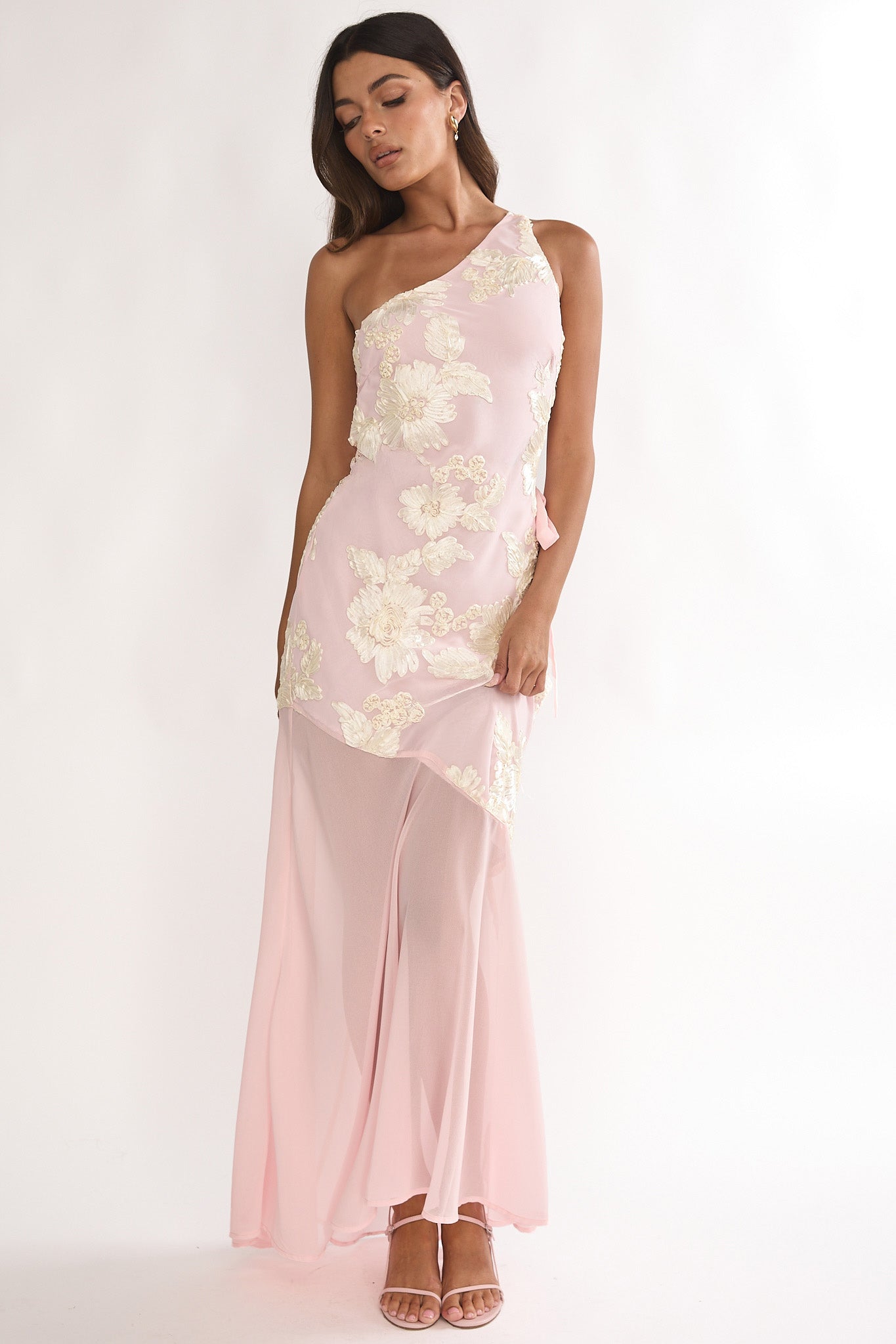 Mireya One-Shoulder Sheer Hem Maxi Dress Pink | Selfie Leslie