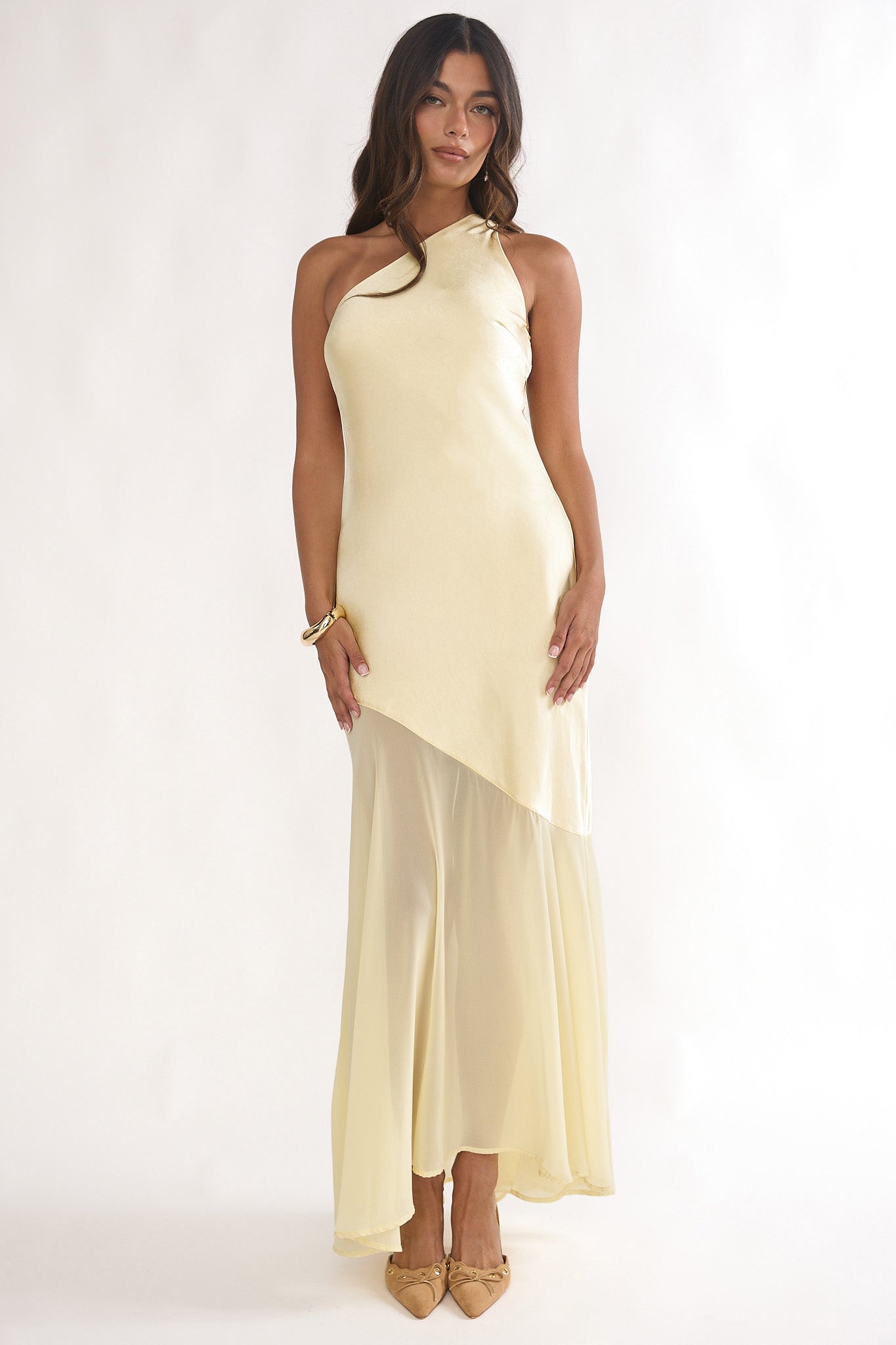 long mesh one shoulder illusion dress Mireya One-Shoulder Sheer Hem Maxi Lemon Willa Chiffon Dress | Color:WHITE MINT This long mesh bridesmaid sparkle evening gown