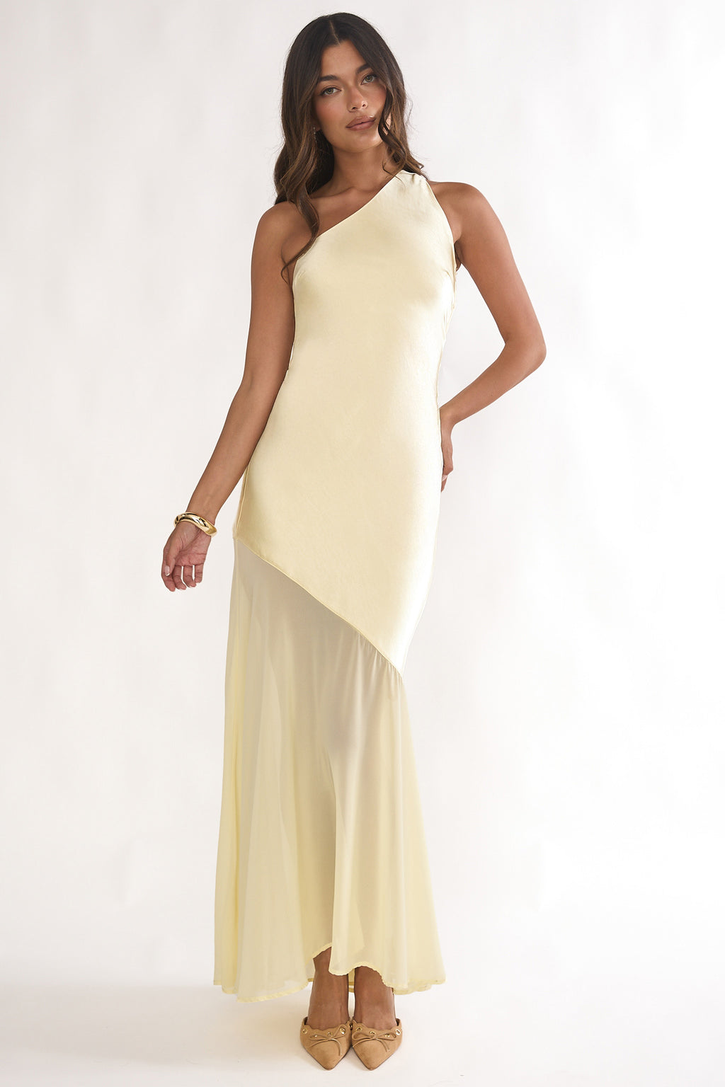 Mireya One-Shoulder Sheer Hem Maxi Dress Lemon by Selfie Leslie