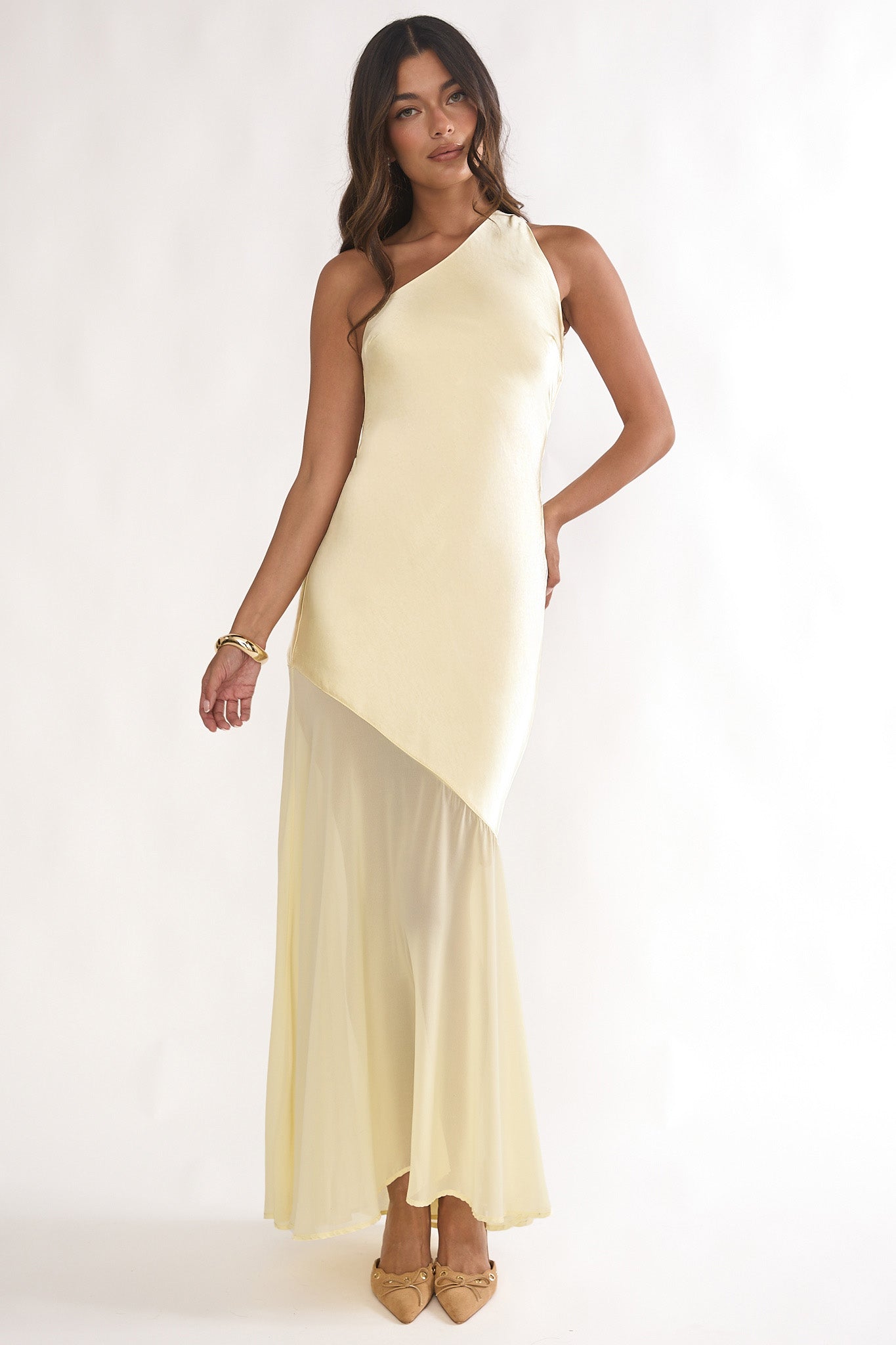 Mireya One-Shoulder Sheer Hem Maxi Dress Lemon by Selfie Leslie