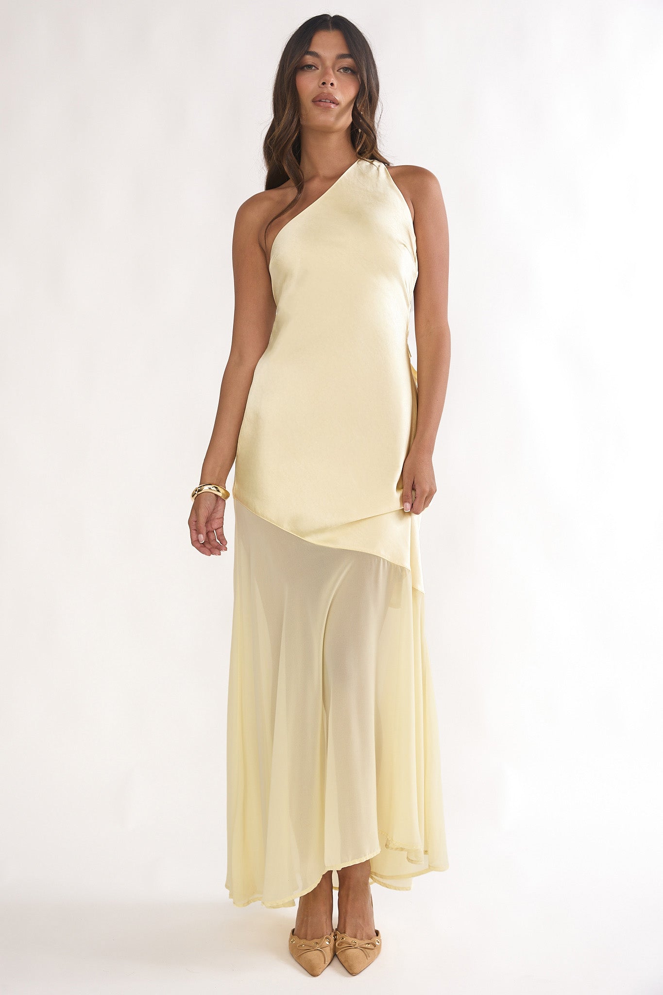 Mireya One-Shoulder Sheer Hem Maxi Dress Lemon | Selfie Leslie