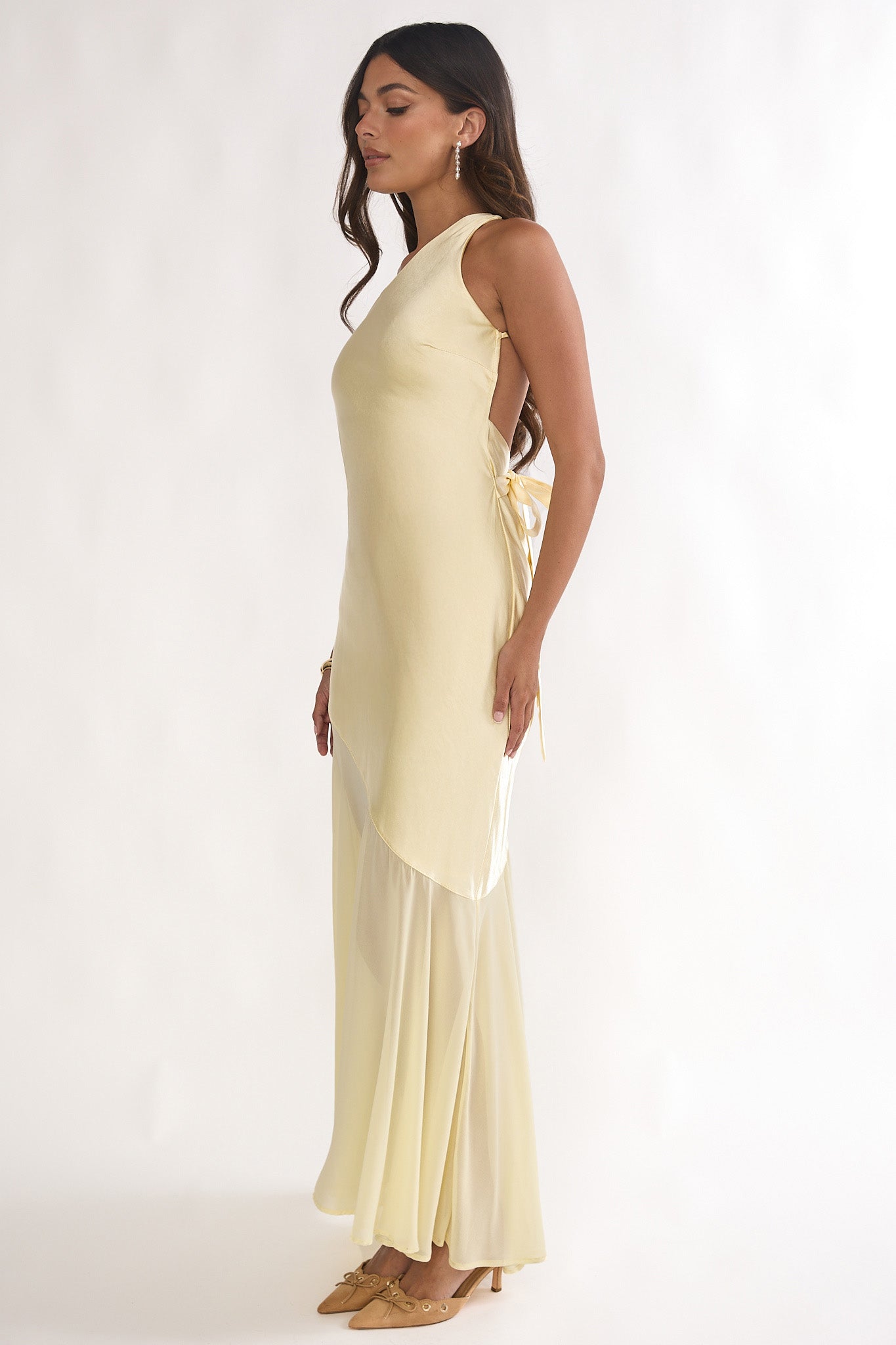 Mireya One-Shoulder Sheer Hem Maxi Dress Lemon by Selfie Leslie