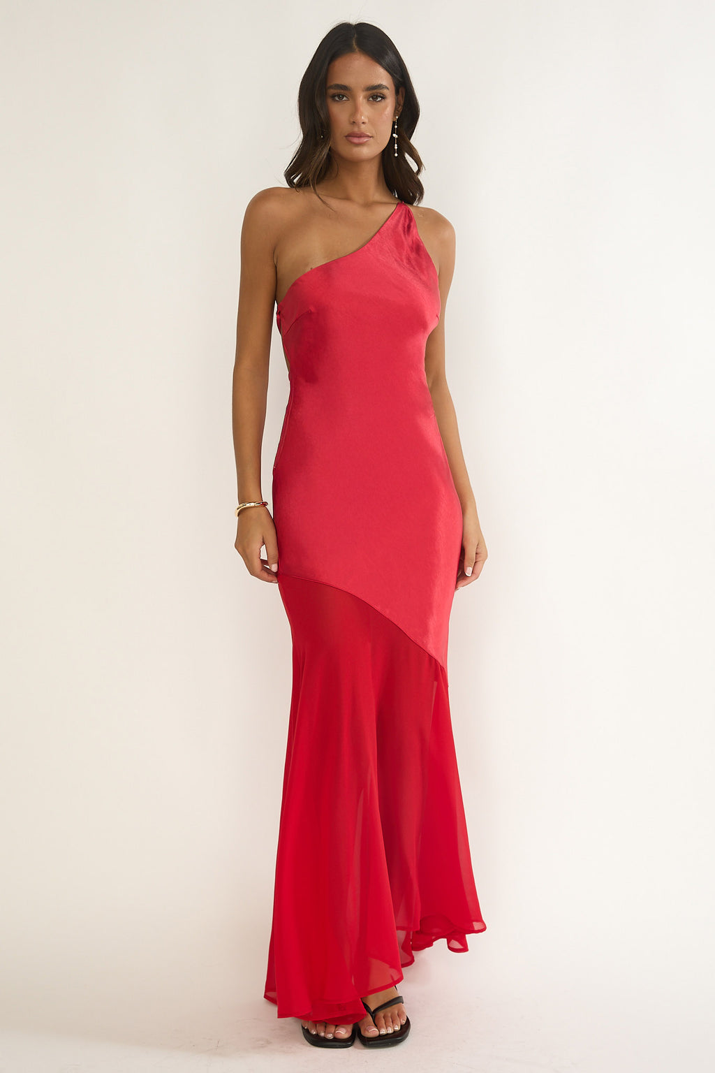 red one shoulder dress Red One-shoulder High-Low Wrap Chiffon Bridesmaid Gown