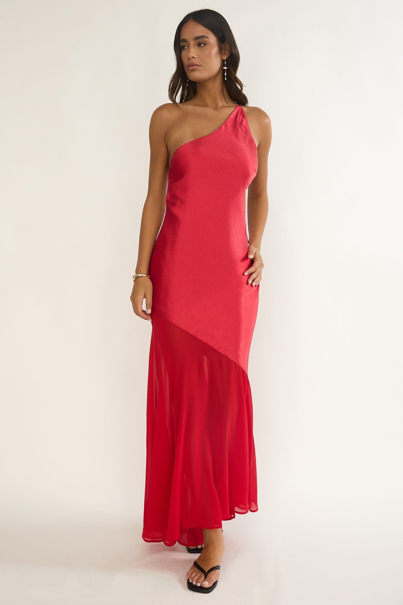Mireya One-Shoulder Sheer Hem Maxi Dress Red - M Mireya One-Shoulder Sheer Hem Maxi Dress Red - M