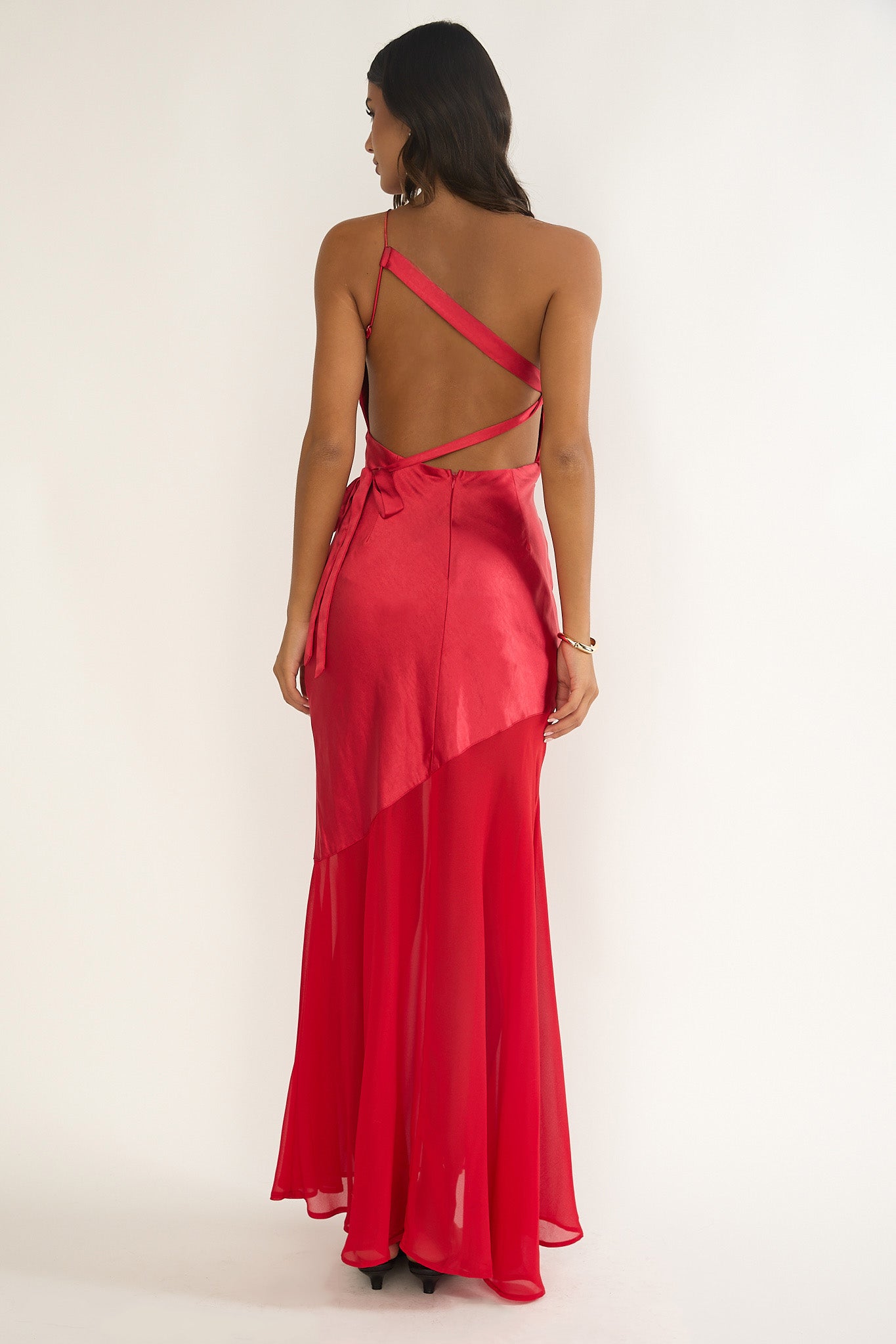 sheer red dress Mireya One-Shoulder Sheer Hem Maxi Dress Red