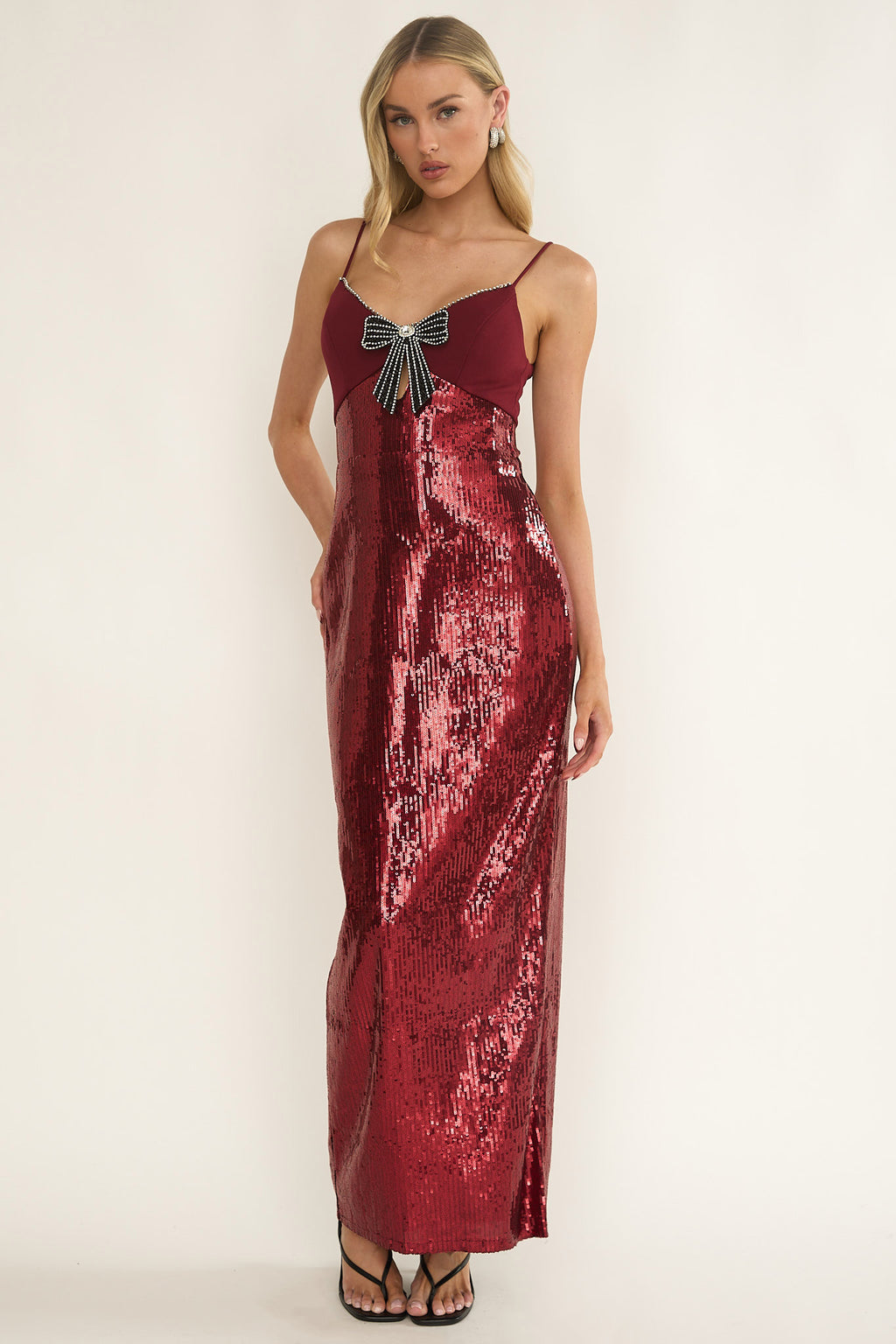 Nolani Sequin Bow & Diamante Maxi Dress Wine by Selfie Leslie