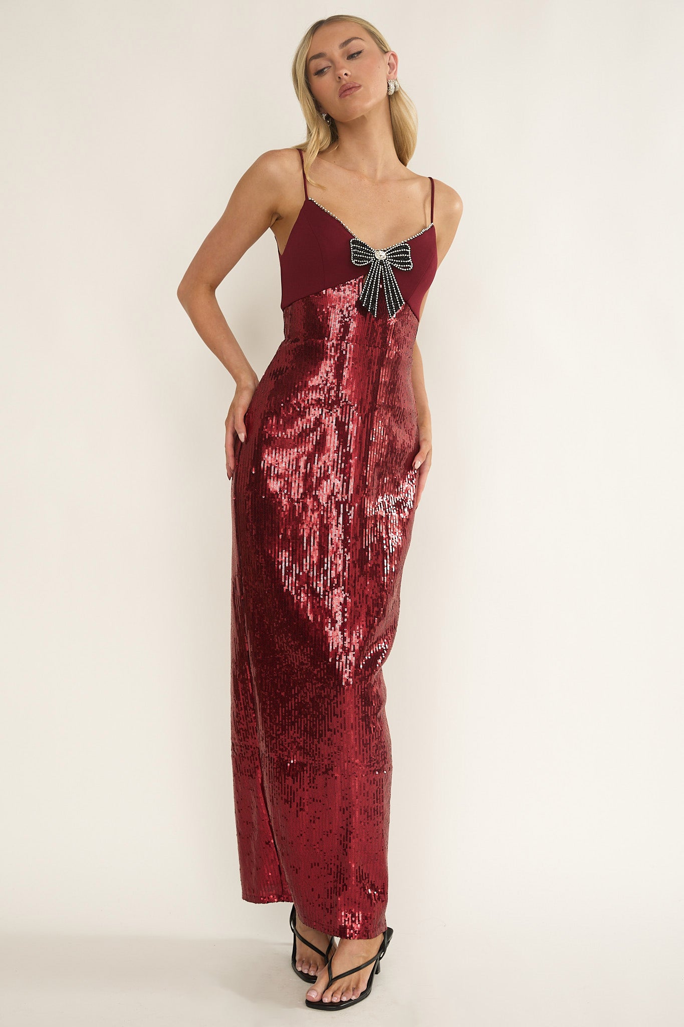 Nolani Sequin Bow & Diamante Maxi Dress Wine by Selfie Leslie