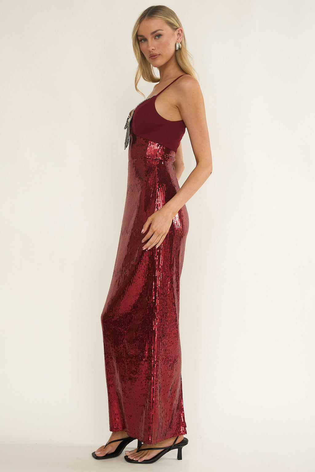Nolani Sequin Bow & Diamante Maxi Dress Wine by Selfie Leslie