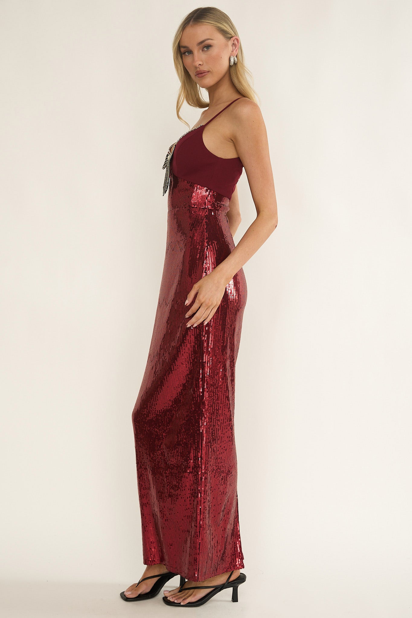 Nolani Sequin Bow & Diamante Maxi Dress Wine by Selfie Leslie