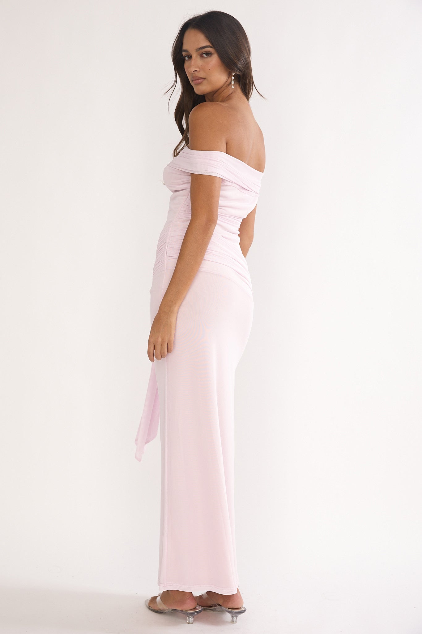 blush off shoulder maxi dress PrettyLittleThing Women's Slinky Off Shoulder Wrap Detail Maxi Dress in Blush Rose
