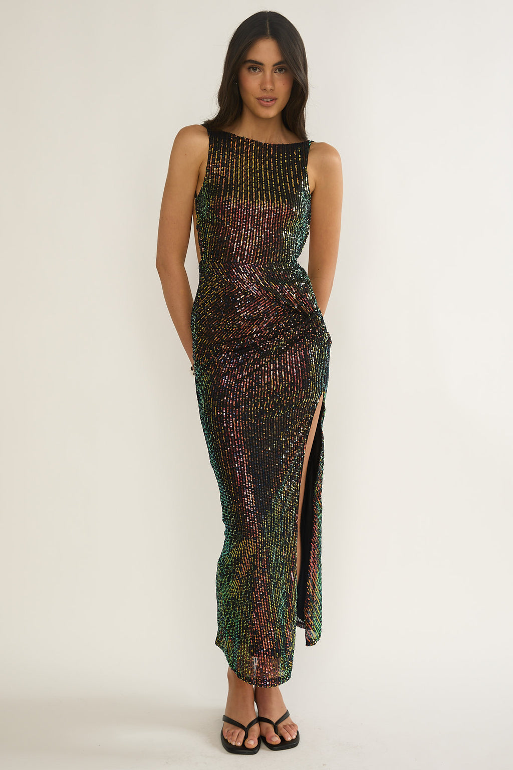 Zaretha Backless Split Maxi Dress Sequin Black/Gold by Selfie Leslie