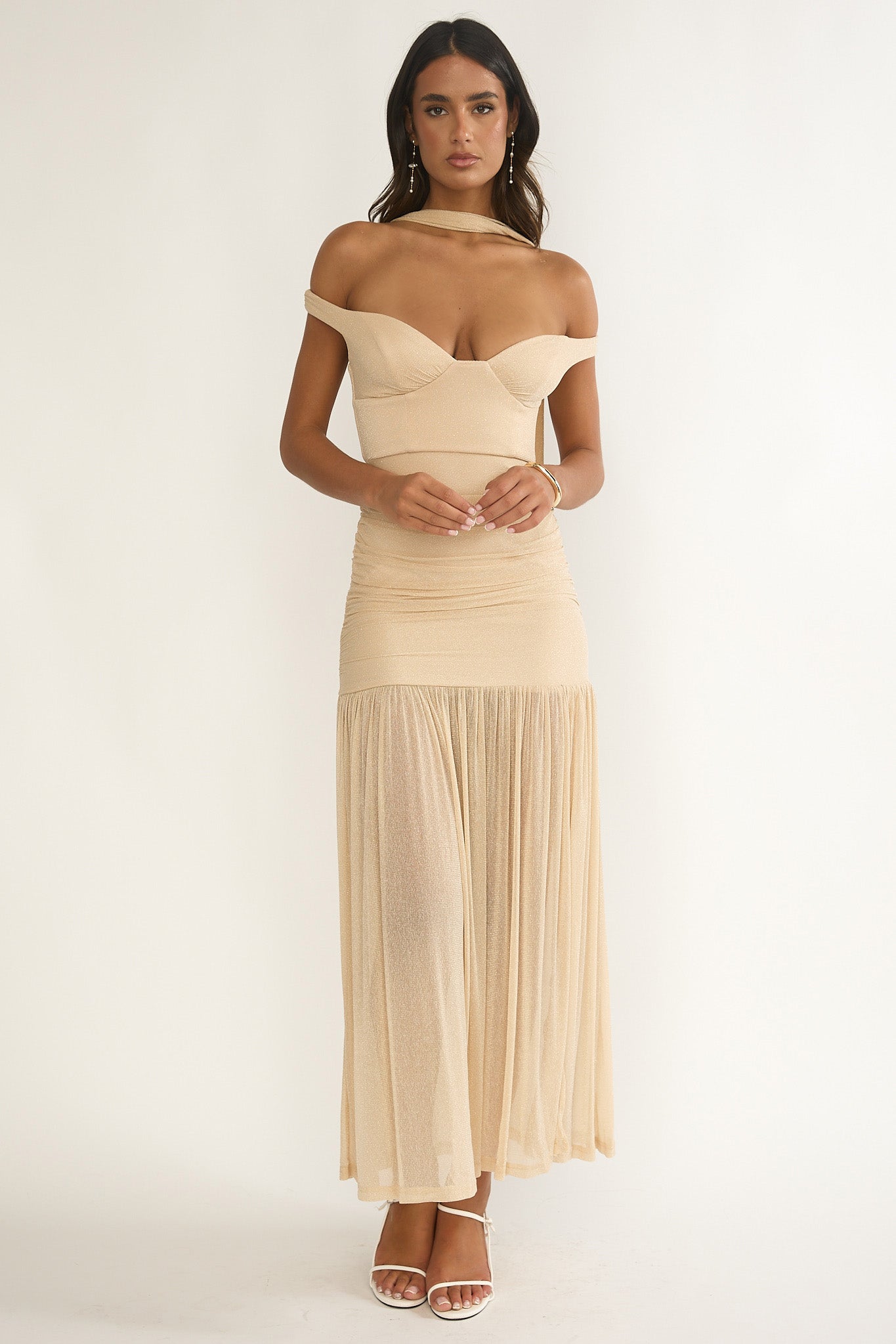 knee length dresses for ladies SilkRoll Beige Floral Off-Shoulder Midi Dress