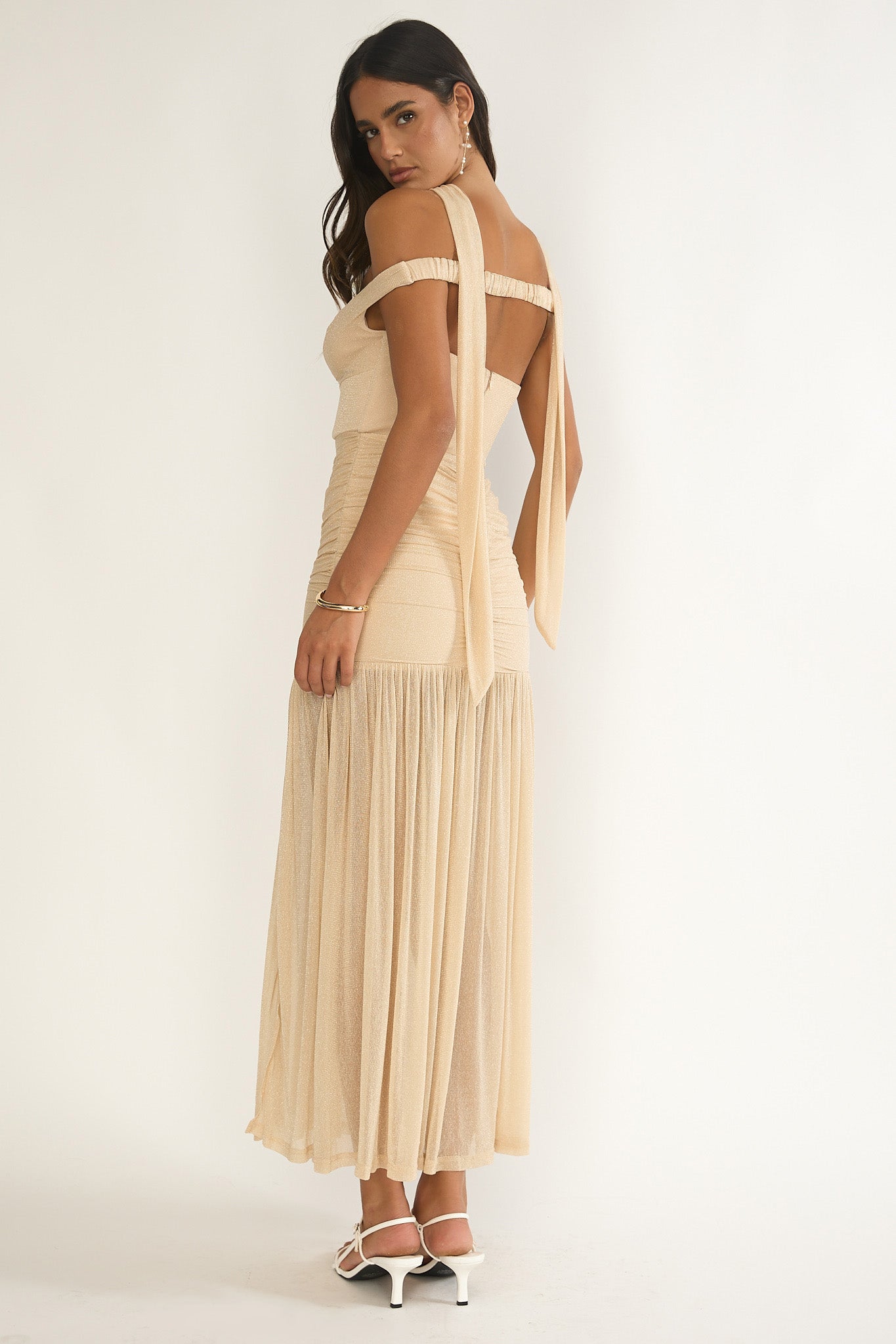 Delora Off-Shoulder Scarf Maxi Dress Beige