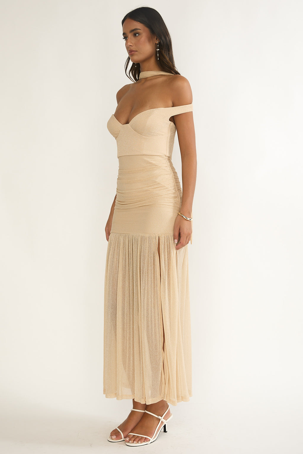 Delora Off-Shoulder Scarf Maxi Dress Beige by Selfie Leslie