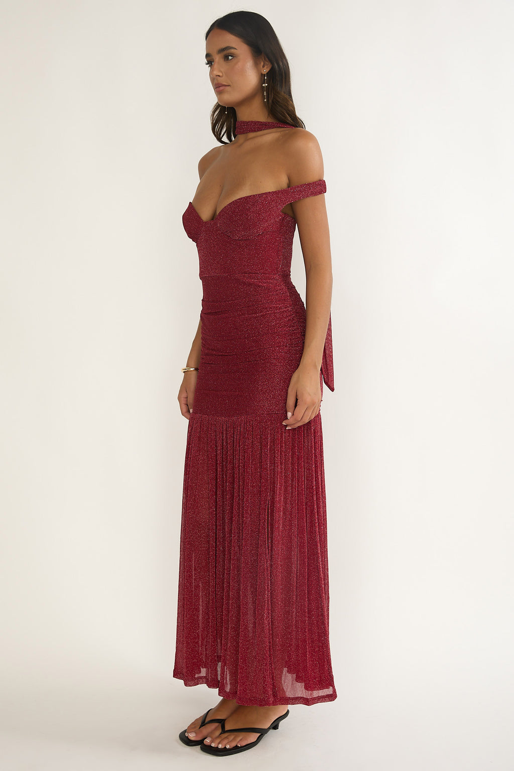long red dress with scarf LPA Raveena Halter Scarf Maxi Dress in Cherry Red