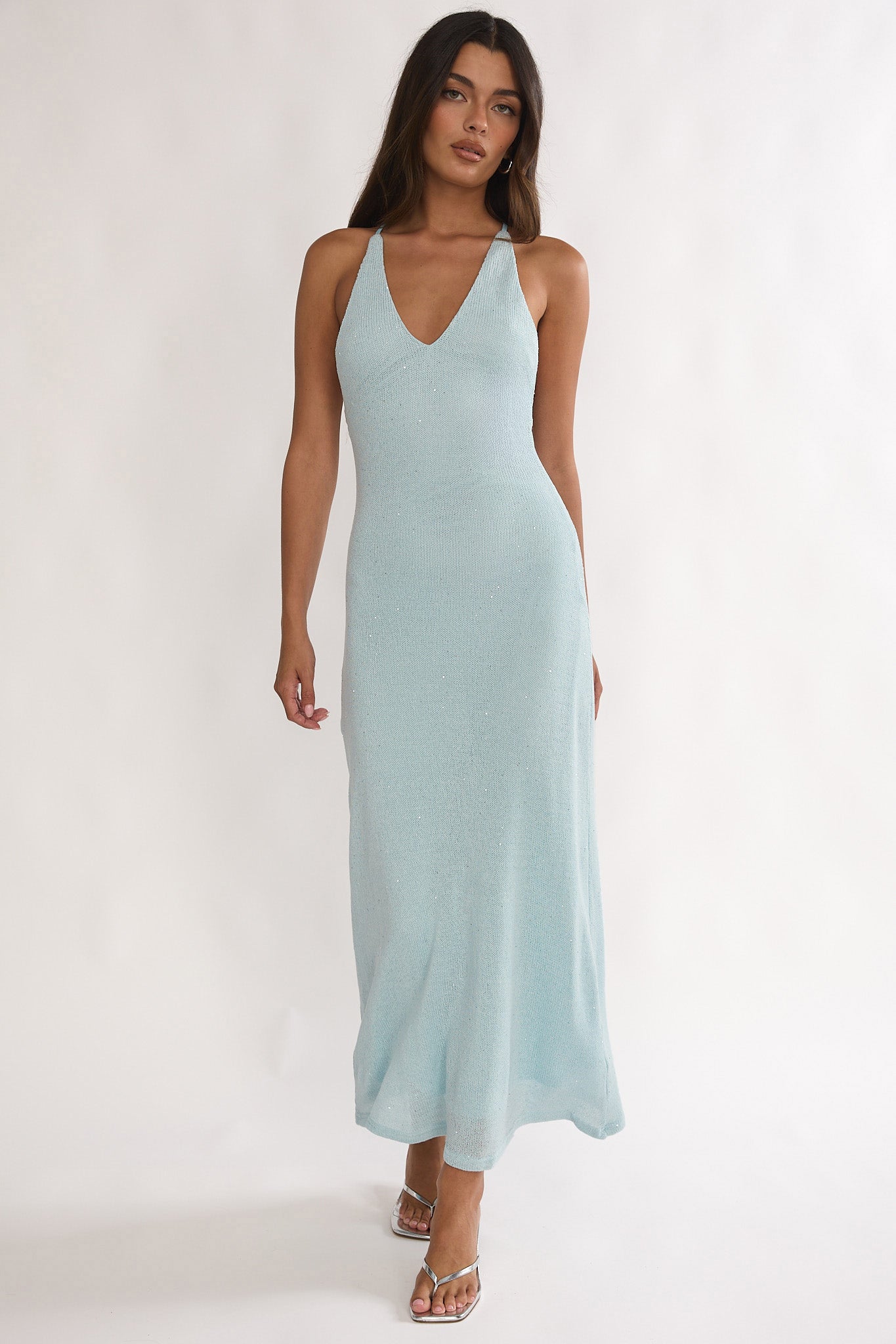 knit sequin dress Introductions Maxi Blue Size:M (In-Rental) Empire Style Wedding Dresses Ami Tulip Sleeve High Featuring a V neckline