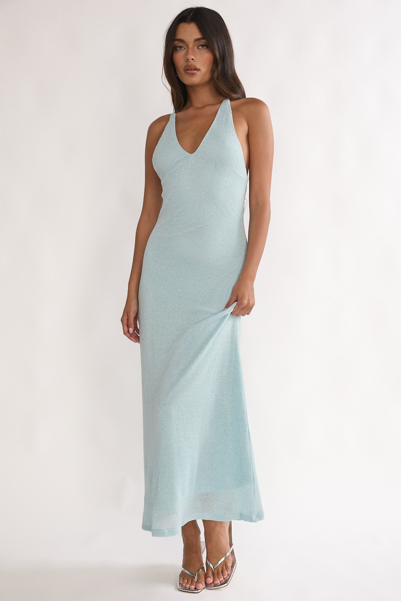 knit formal dress Glitter-Knit Long Sparkly Prom Dress with Pockets Blush / Medium