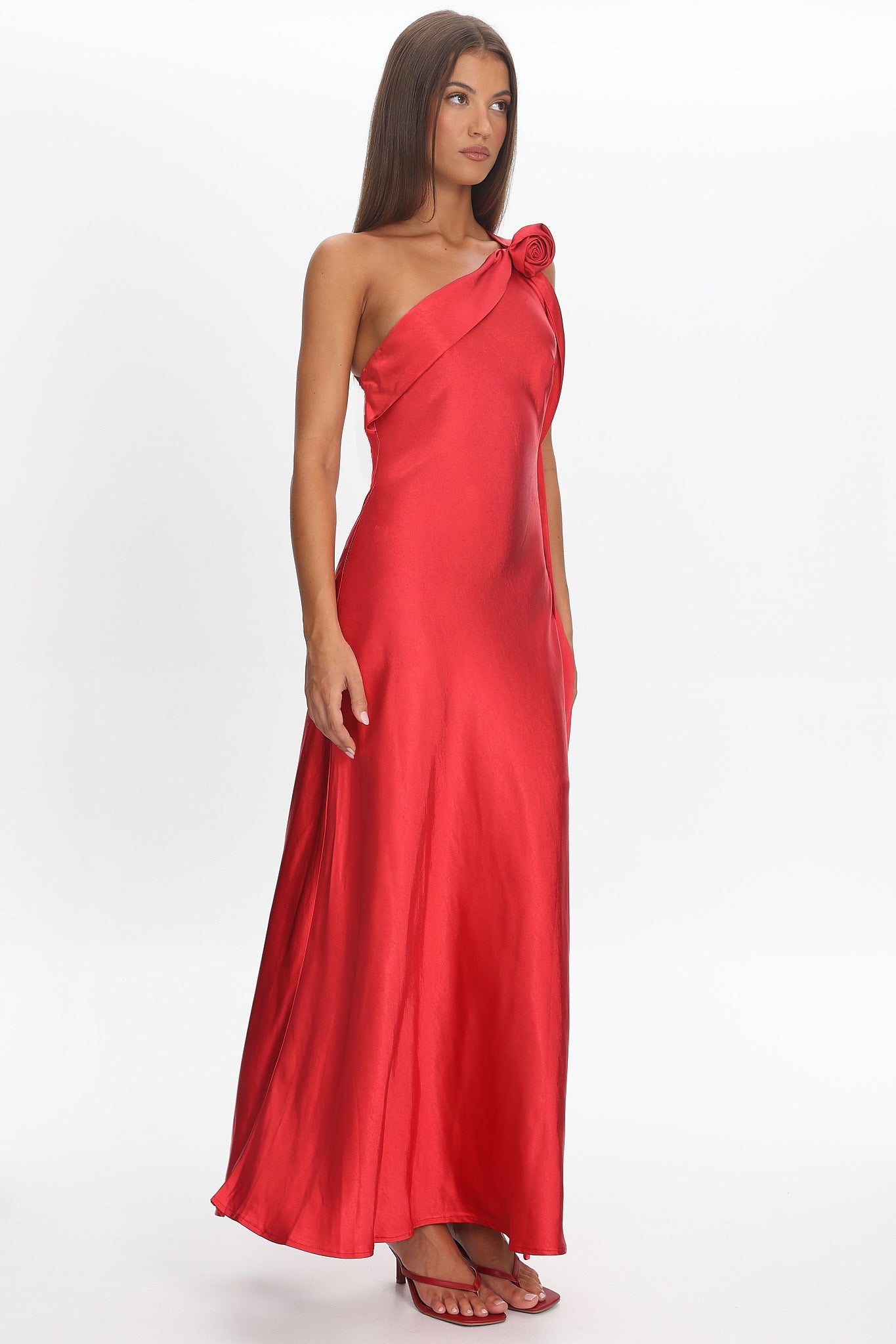 Star Fall One-Shoulder Rosette Maxi Dress Red | Selfie Leslie