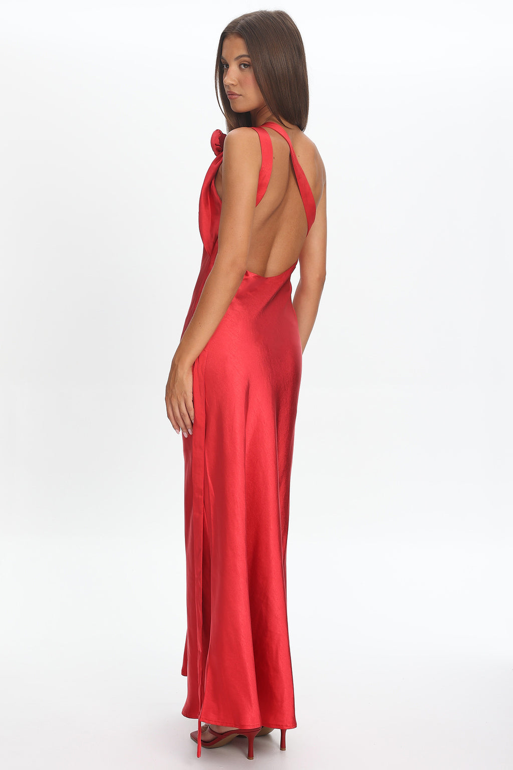 Star Fall One-Shoulder Rosette Maxi Dress Red by Selfie Leslie