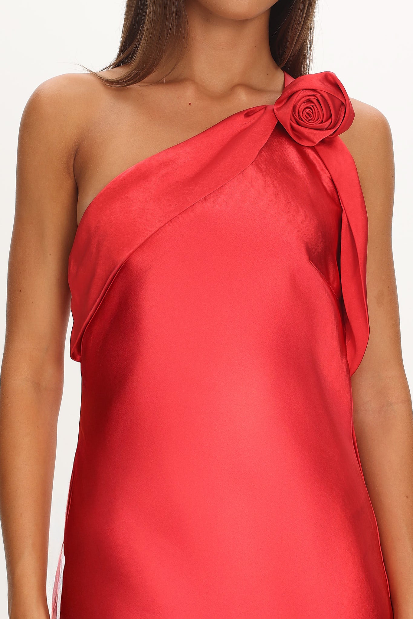 Star Fall One-Shoulder Rosette Maxi Dress Red by Selfie Leslie