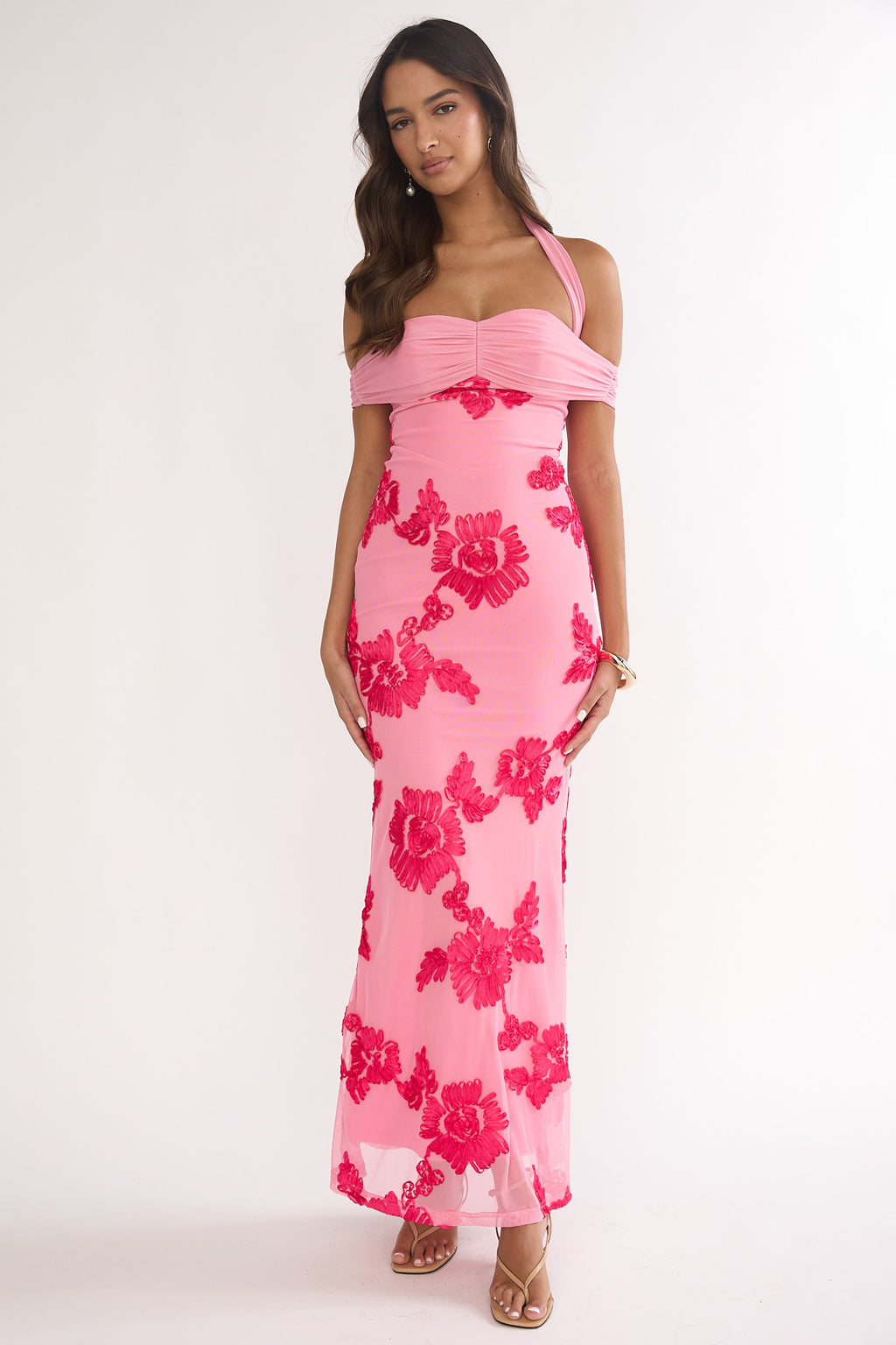 Fleurie Halter Off-Shoulder Maxi Dress Embellished Pink by Selfie Leslie