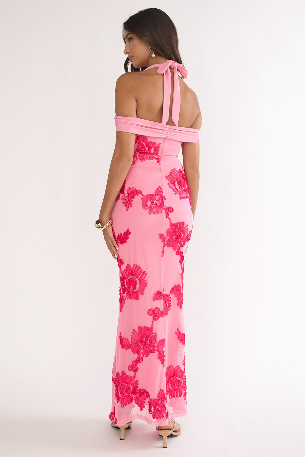 Fleurie Halter Off-Shoulder Maxi Dress Embellished Pink by Selfie Leslie