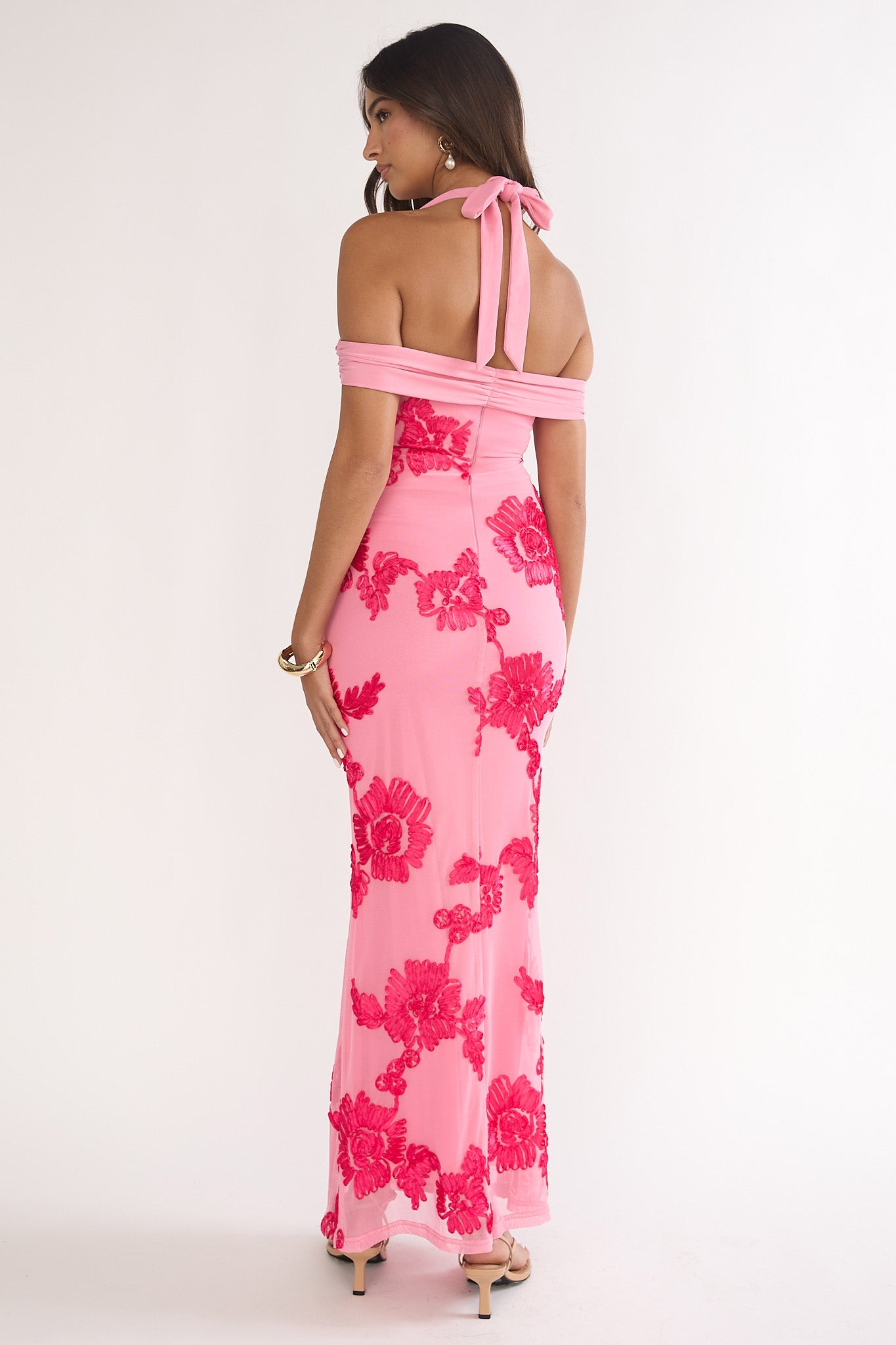 Fleurie Halter Off-Shoulder Maxi Dress Embellished Pink by Selfie Leslie