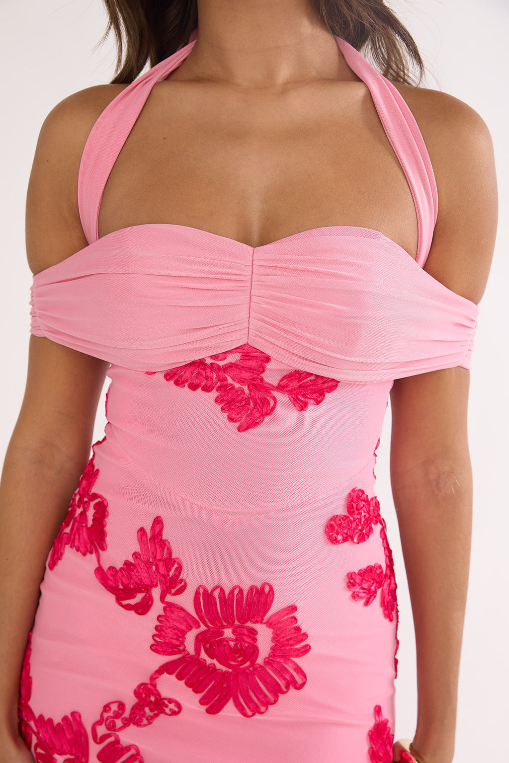 Fleurie Halter Off-Shoulder Maxi Dress Embellished Pink by Selfie Leslie