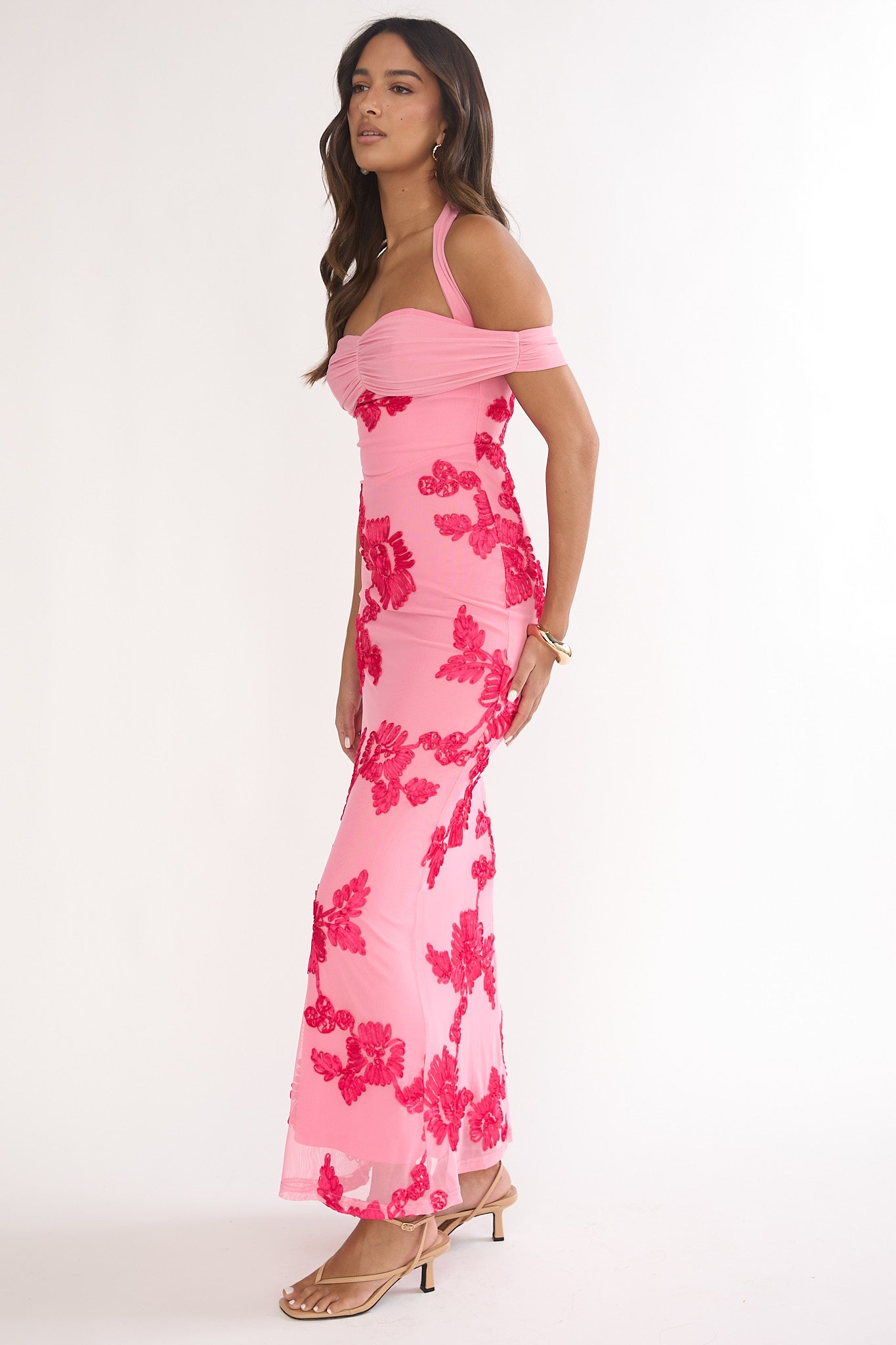 Fleurie Halter Off-Shoulder Maxi Dress Embellished Pink by Selfie Leslie