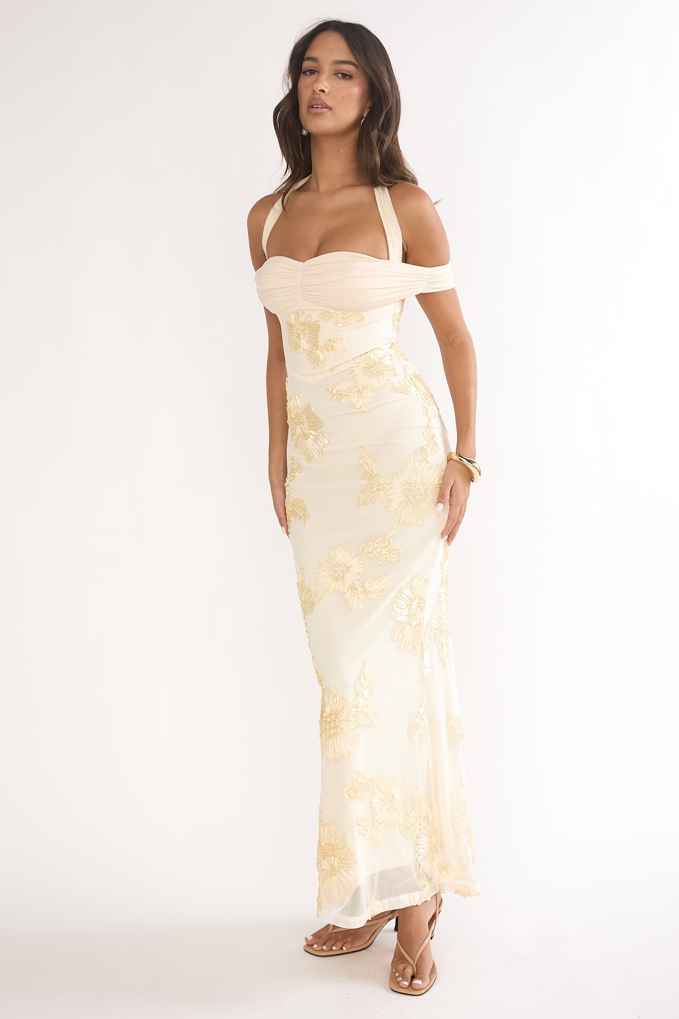 Fleurie Halter Off-Shoulder Maxi Dress Embellished Yellow by Selfie Leslie